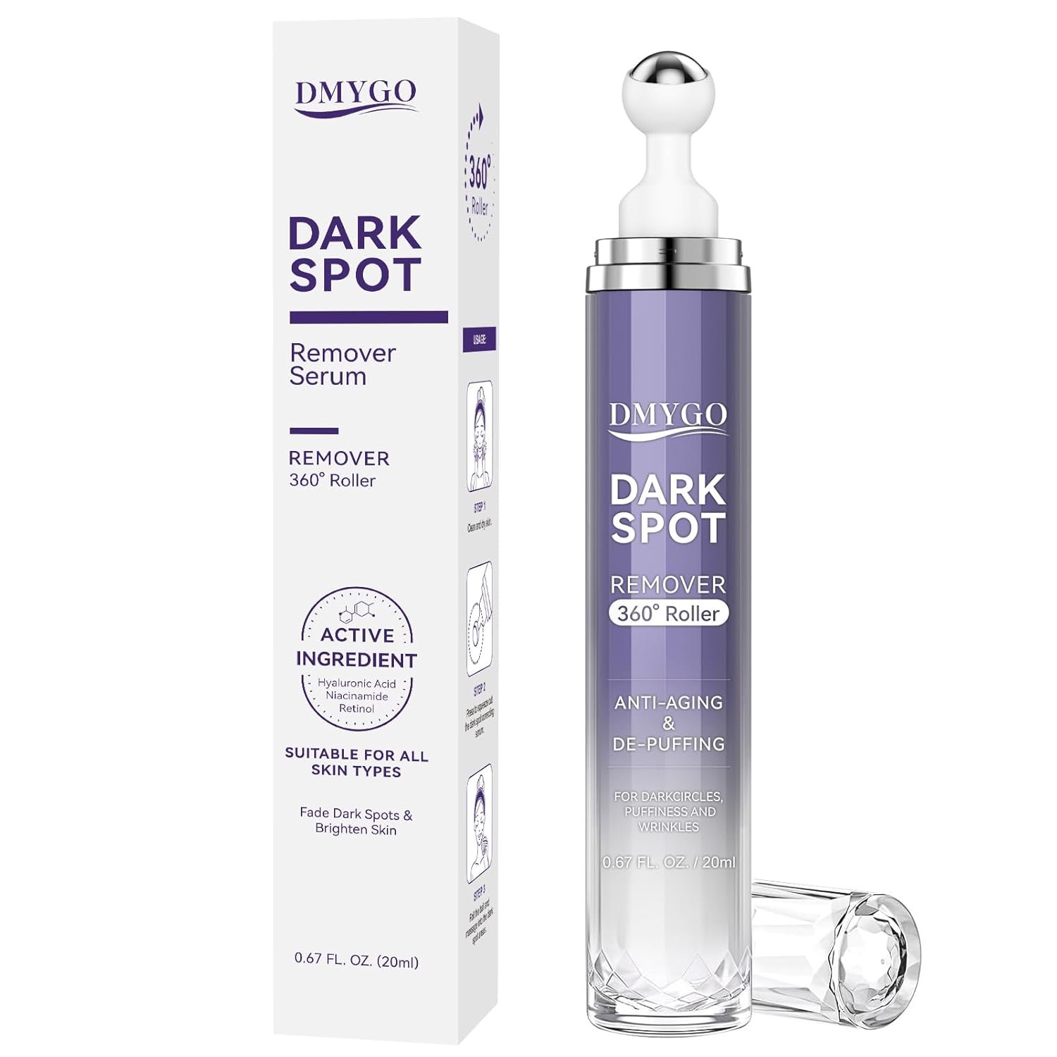 Dark Spot Remover for Face Body and Hands, Dark Spot Corrector for Melasma Age Spot Sun Spot, Brown Spot Remover for Women and Men with 360° Roller – 0.67 floz