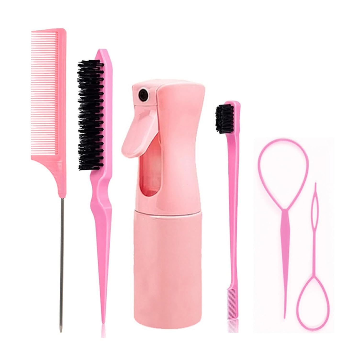 6 Piece Hair Styling Set with Spray Bottle Hair Braiding Rings Tail Comb Teasing Brush and Edge Control Brush