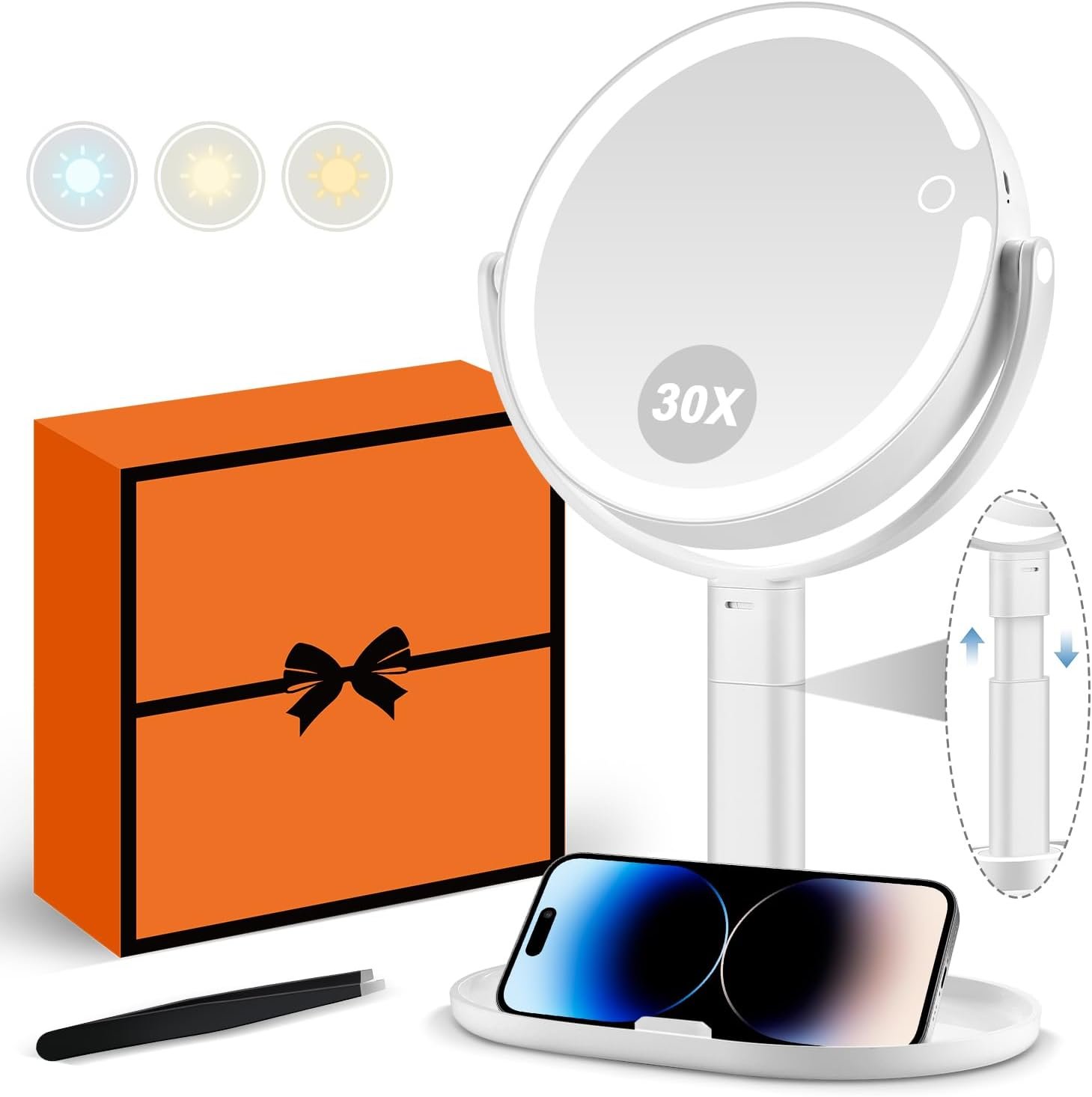 MIYADIVA 30X Magnifying Makeup Mirror with Lights for Professional Makeup | Height Adjustable, Battery Level Indicator, Phone Holder, Storage Tray, Dual-sided Switch, 2000mAh Lithium Battery