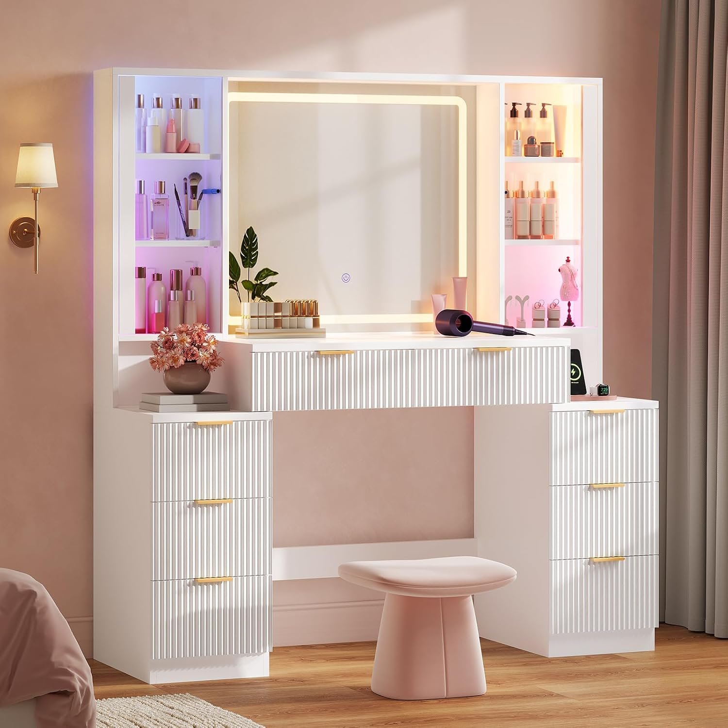 HAUOMS Big Vanity, Fluted Wood Makeup Vanity Desk with Mirror and Sound Sync LED Lights, Large Vanity Dressing Table, 8 Drawers, Charging Station for Girls, Women (White, 51.2″ Width)