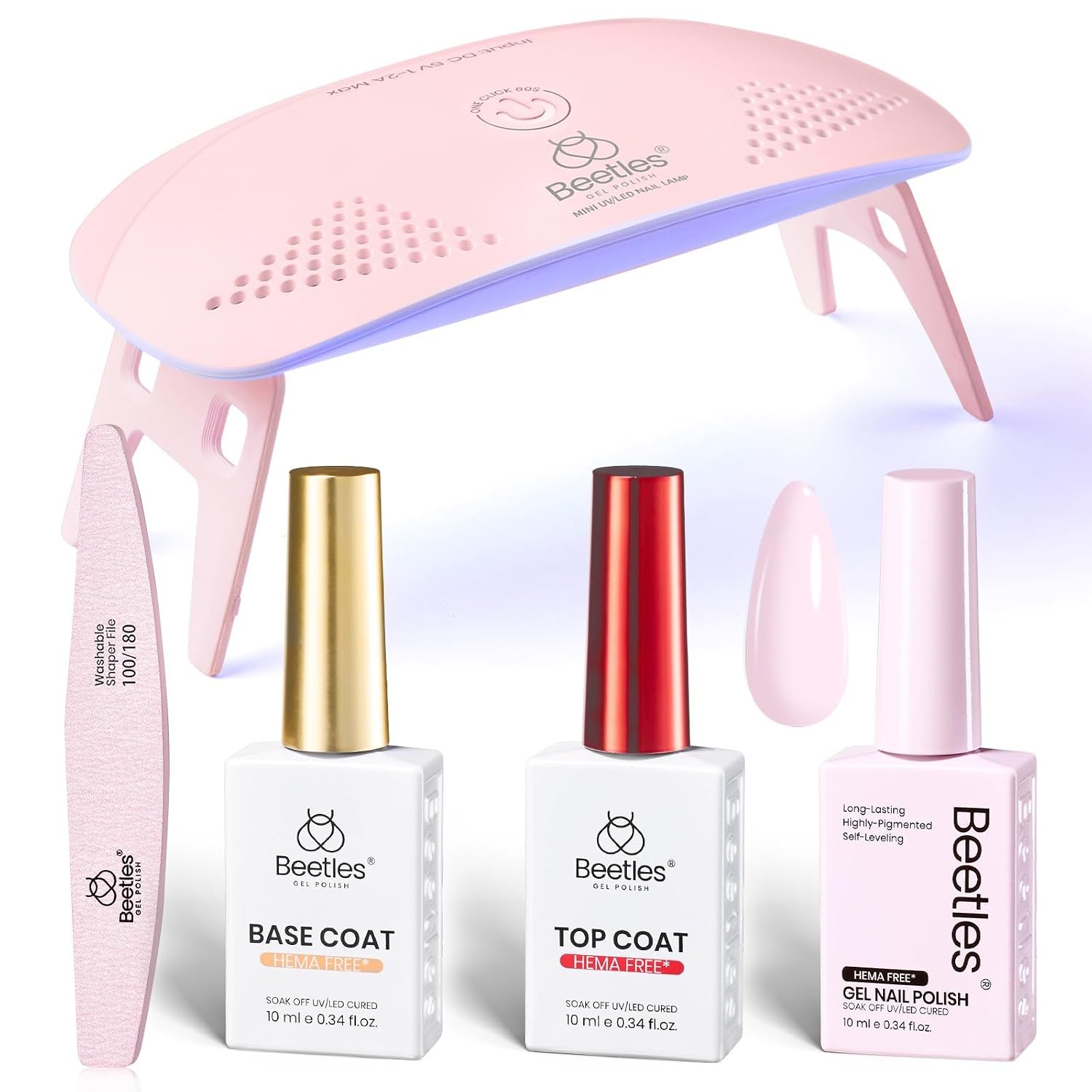 Beetles 10ML HEMA-Free Pink Gel Nail Kit with U V Light, 5 Pcs Light Pink Bubble Gel Polish Set DIY Home Salon Travel Portable Manicure Kit with Base &Top Nail File Coat Soak Off Gift for Women Girls