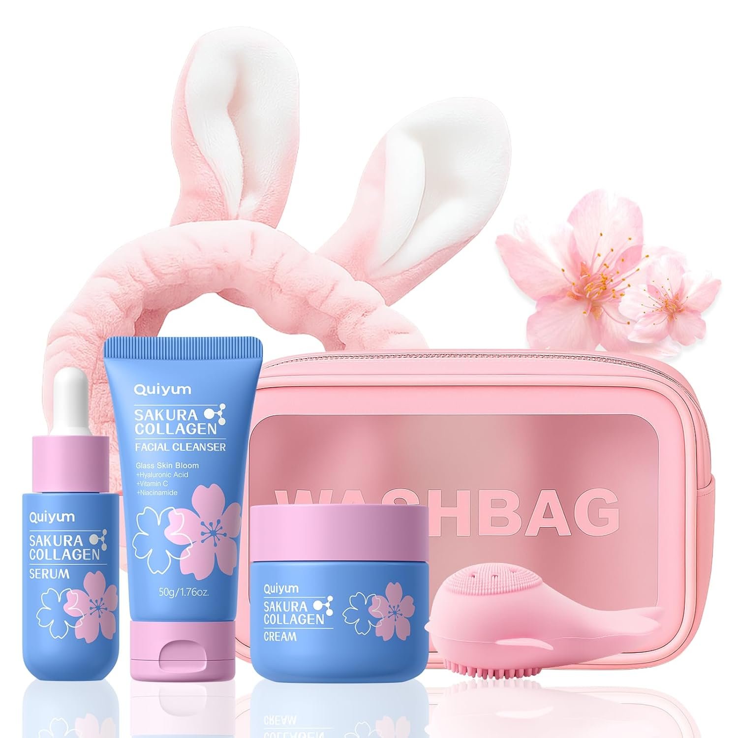 QUIYUM Sakura Collagen Skin Care Set – 5pcs Skincare with Facial Cleanser, Serum, Cream, Pink Facial Brush, Bunny Hair Band & Makeup Bag, Deep Cleansing, Hydrating, Firming, Even Tone, Radiance
