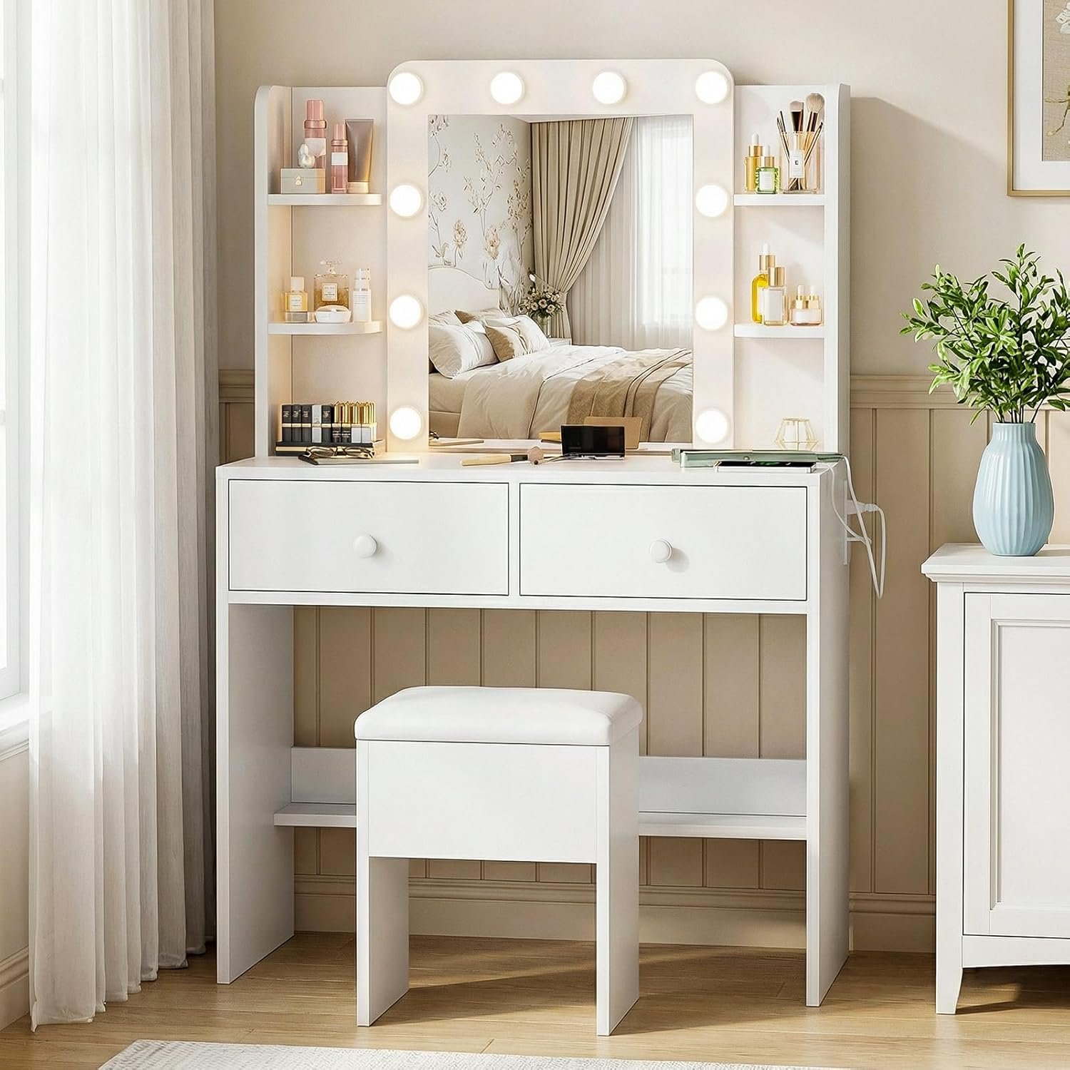 FUXA Vanity Desk with Mirror and Power Outlet, Makeup Vanity with 10 Bulbs and 3 Light Modes, Vanity Table Set with Storage Drawers Shelves and Chair for Bedroom, White