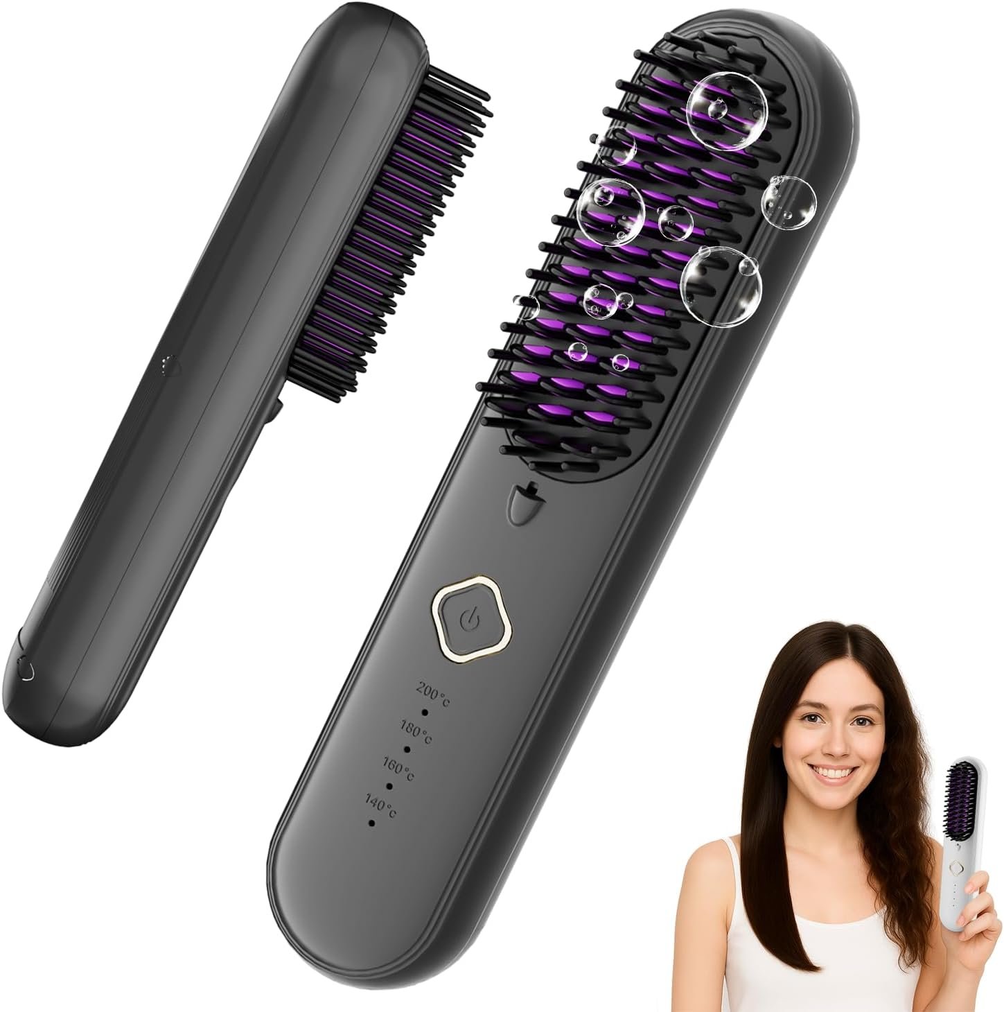 Cordless Hair Straightener Brush, Portable Straightening Brush for Travel, Negative Ion Hot Comb Hair Straightener for Women, Straightening Comb for Travel & Home, USB Rechargeable,Black