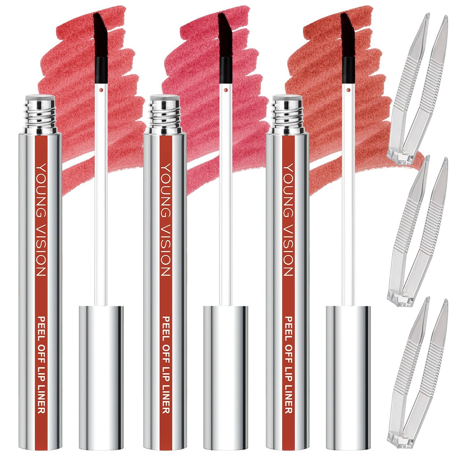 3 Colors Peel Of Lip Liner Tint Set, Matte Finish Liquid Lipstick with Tweezer Kit for Women, Long Lasting Waterproof, Highly Pigmented Color Lip Liner Makeup, for All Skin Types