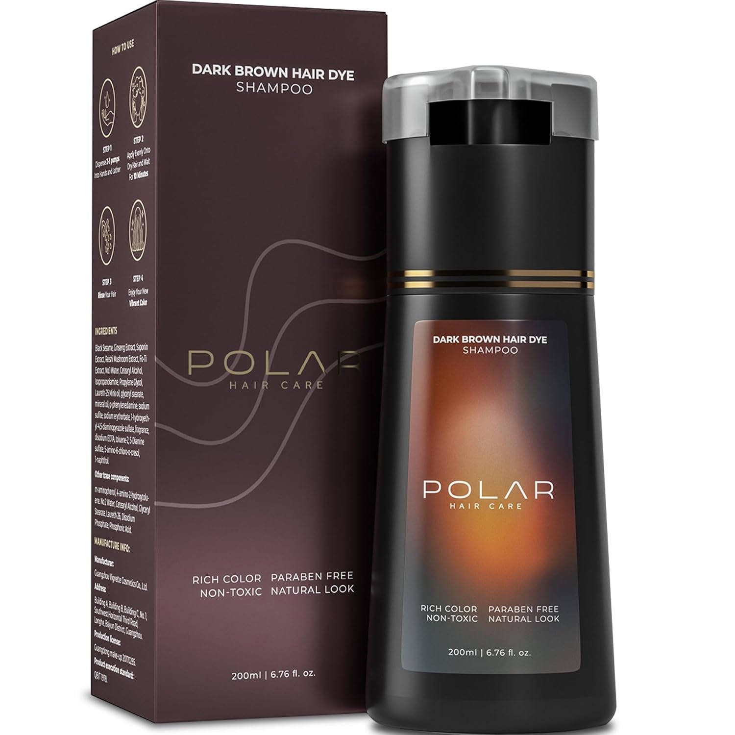Polar Haircare – Dark Brown Hair Dye Shampoo for Women and Men – Shampoo Hair Dye for Gray Hair, Semi-Permanent Hair Color Kit, Dark Brown Hair Dye Shampoo, Quick Application Skin-Safe 6.76 Fl Oz