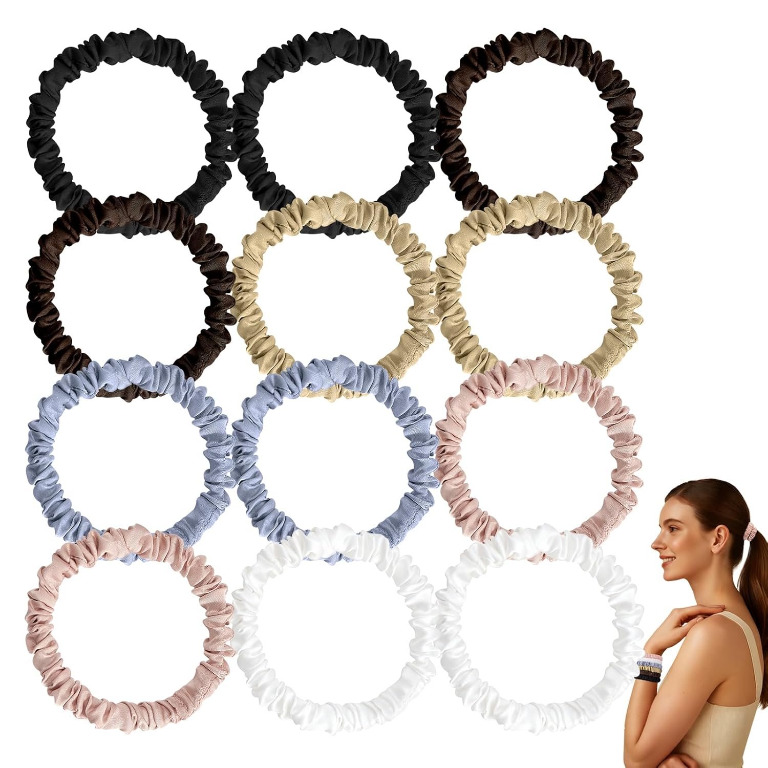 12 Pack Silky Soft Skinny Hair Ties, Silk-Like No Damage Scrunchies Elastic Ponytail Bands for Women Girls, Thin Thick Curly Hair