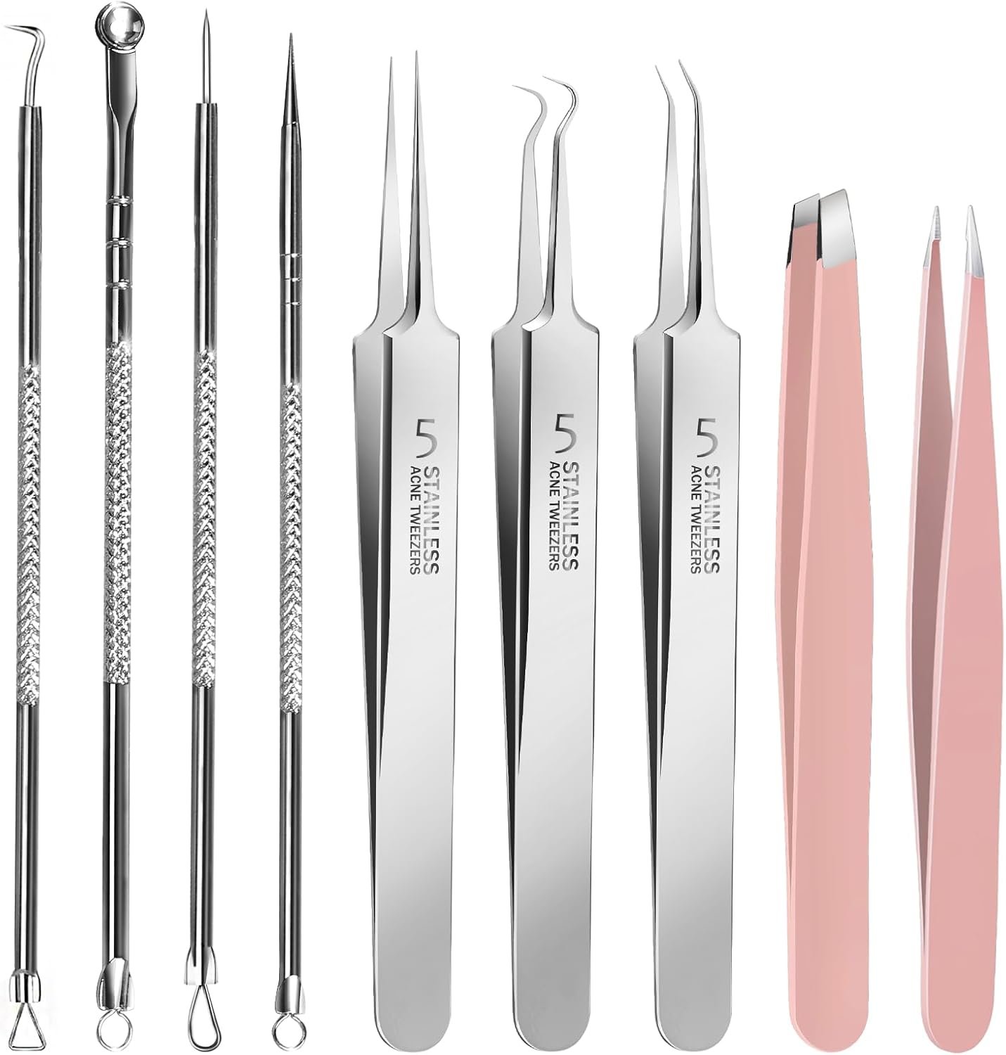 Teenitor 9 Pcs Professional Blackhead Tweezers and Pimple Popper Tool Kit, Stainless Steel Blackhead Remover Tools, Tweezers for Women Facial Hair