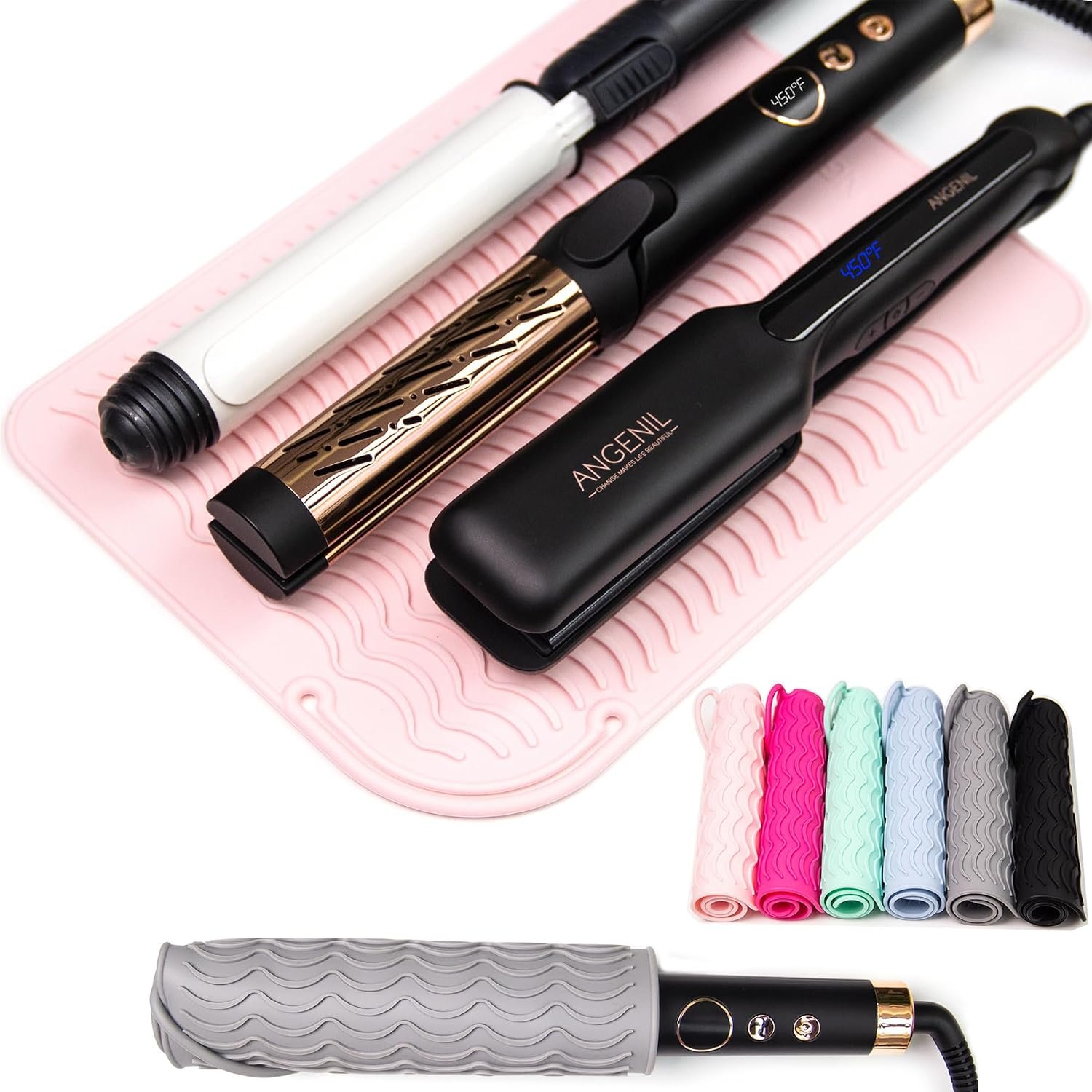 ANGENIL Pro Large Silicone Heat Resistant Mat for Curling Irons, Titanium Ceramic Flat Iron Hair Straightener and Hair Curler for Hot Hair Tools Mat Pouch 2-in-1, Iron Scald Accessories, 11.02″ x 7.9″