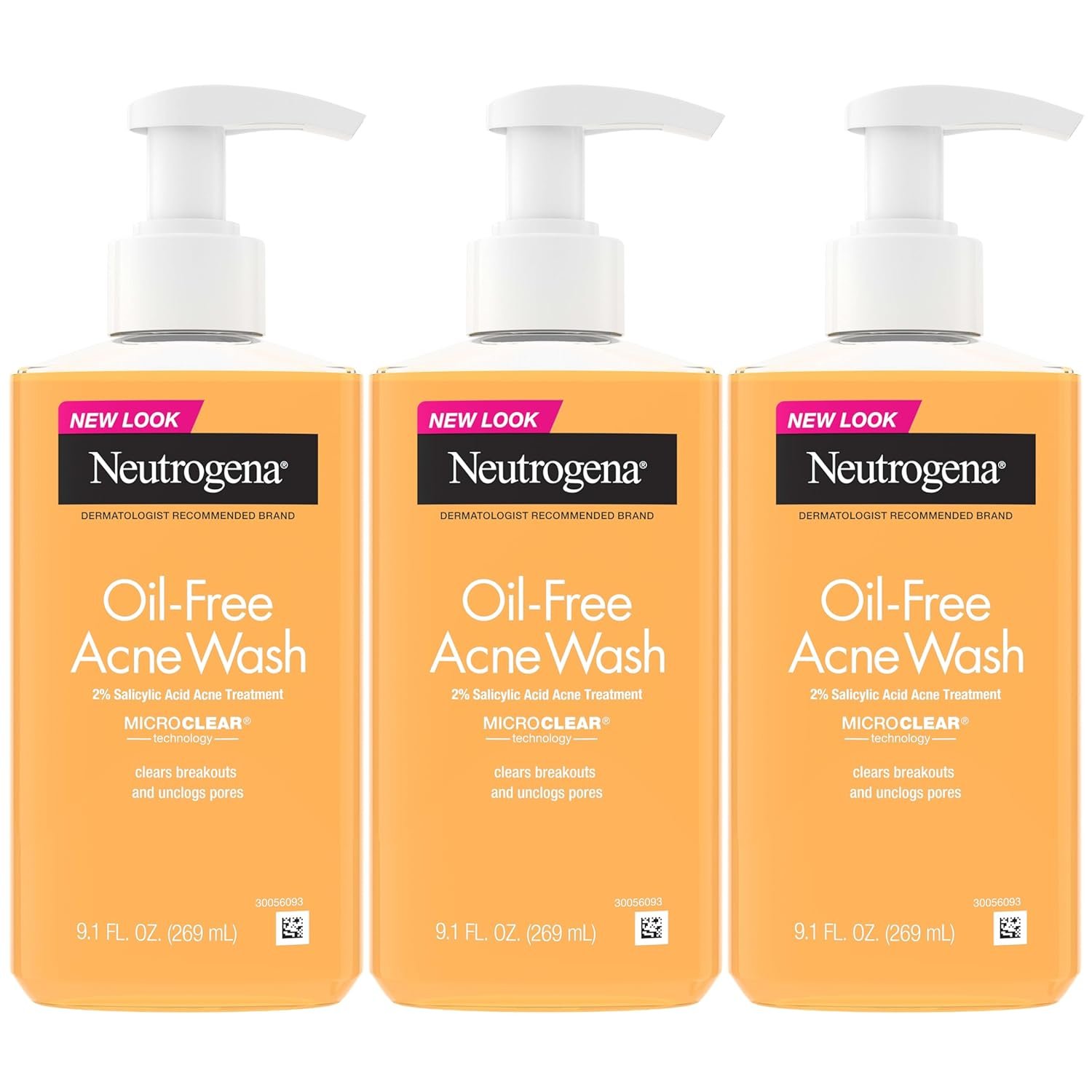 Neutrogena Oil Free Acne Face Wash for Oily Skin, Acne Control Cleanser with Salicylic Acid Noncomedogenic Residue-Free Facial Cleanser in Easy-Pump Bottles, 3 pack of 9.1 fl oz