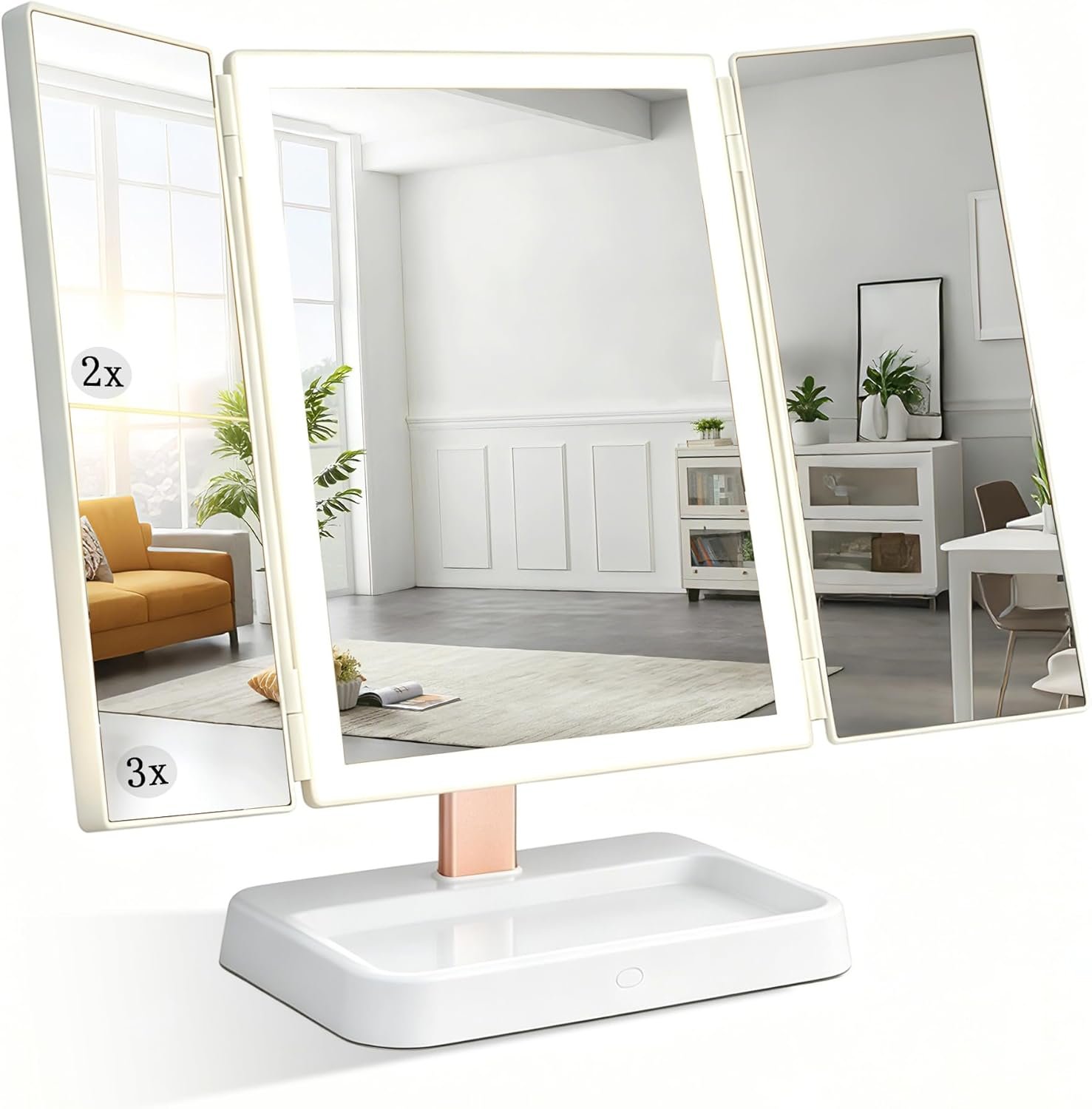 Lighted Makeup Mirror with Magnification, Rechargeable Vanity Mirror with Lights, 1X/2X/3X Trifold Desk Mirror, 76 LEDs, 3 Color Touch Dimming, 9 x 14 in