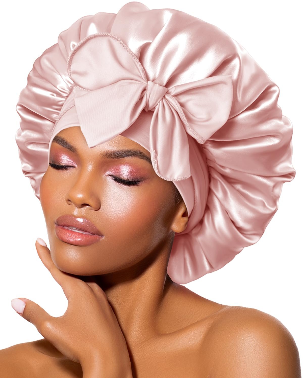 BONNET QUEEN Silk Bonnet for Sleeping for Women Satin Bonnet Night Sleep Cap Wrap for Curly Hair with Adjustable Tie Band, Single Layer, Cream Pink