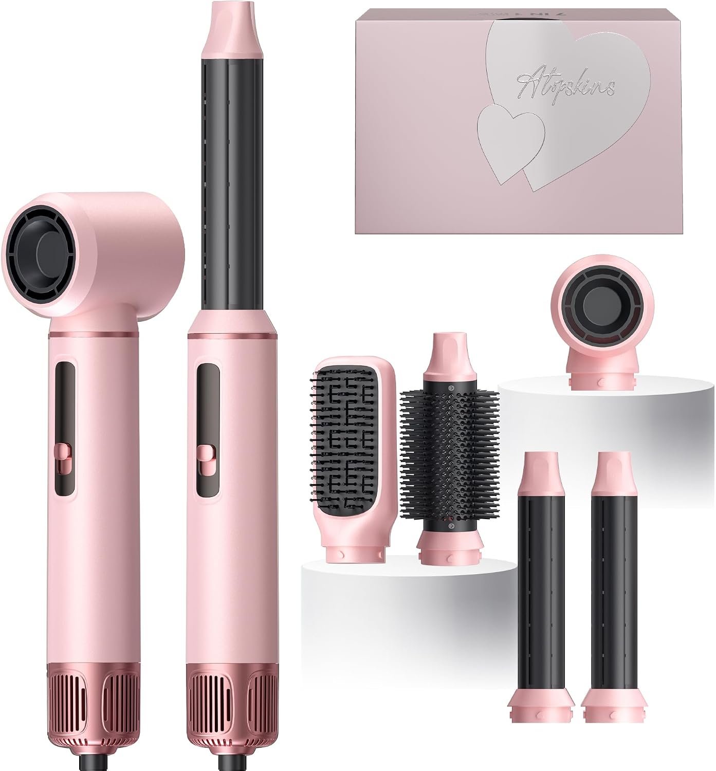 Atopskins 5 in 1 Blow Dryer Brush Set, 1000W Hot Air Styler with Auto-Wrap Curler & LED Temp Display, Negative Ion Hair Dryer Brush for Straightening, Volumizing & Curling – Pink