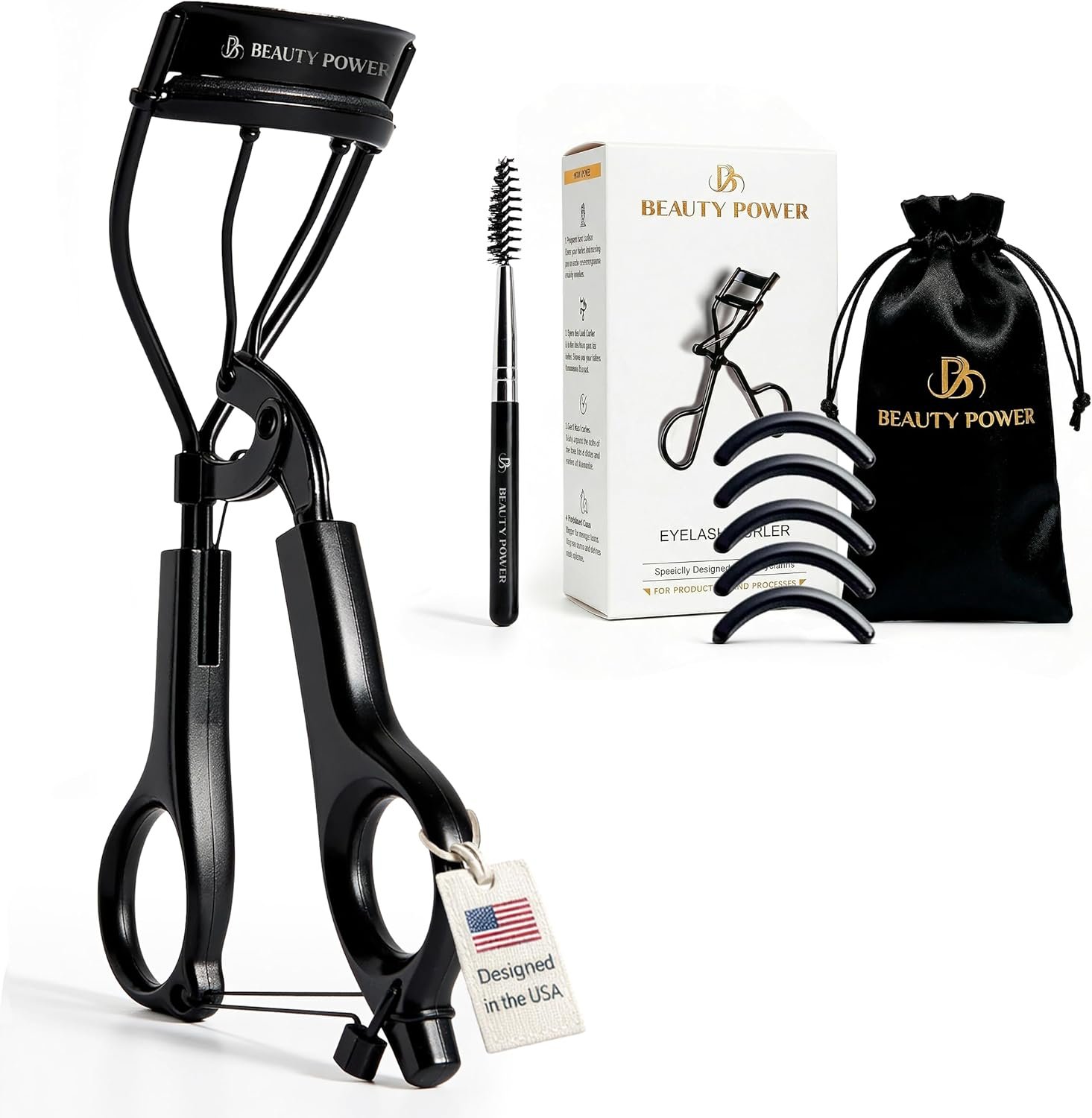 Beauty Power Eyelash Curler – Precision Lash Lift in Seconds with 5 Replacement Pads, Eyebrow Brush & Satin Travel Bag – Gentle & Safe, Stainless Steel for Perfect Extra Curls – Gift Idea (Extra Curl)