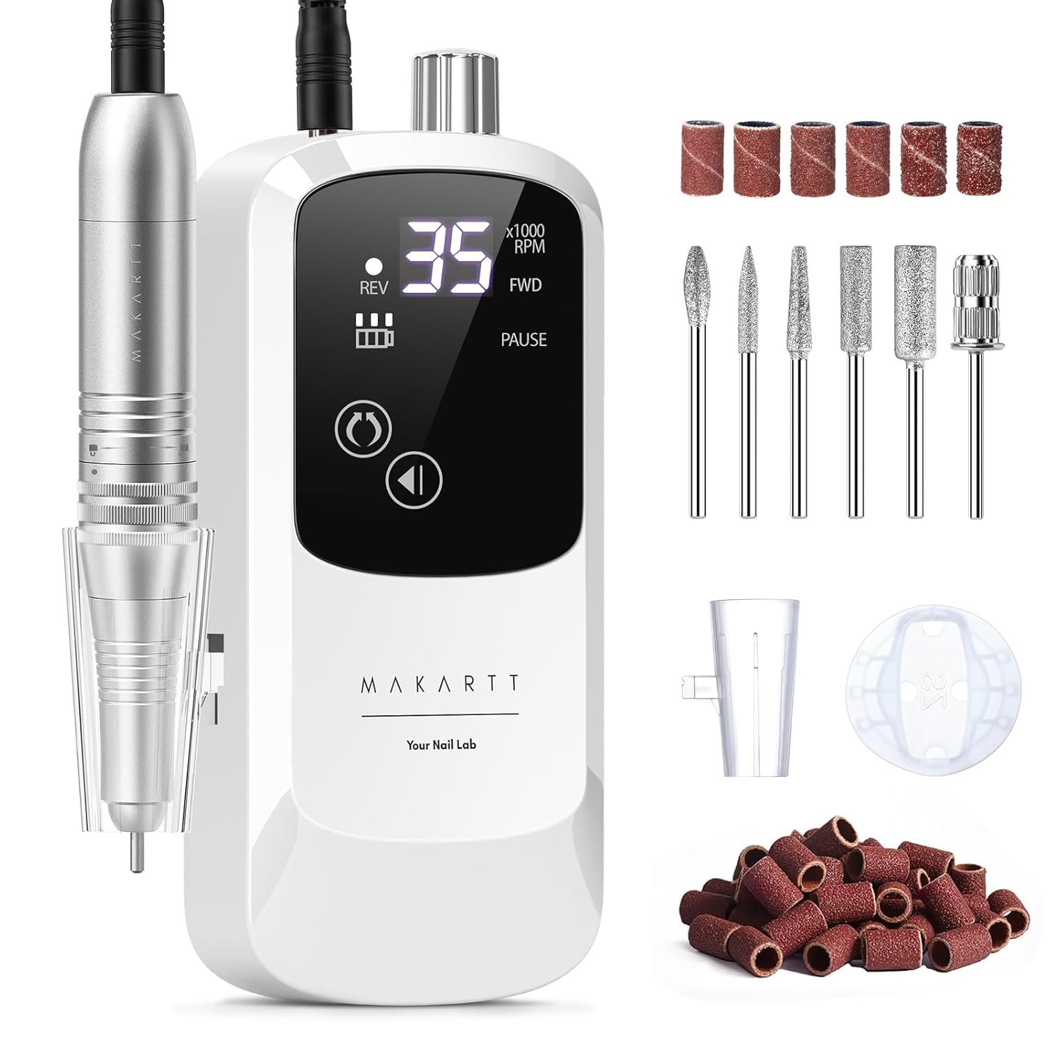 Makartt Rechargeable Electric Nail Drill: 35000 RPM Nail Drill File with Storage Stand for Acrylic Gel Polishing Removing LED Display,Cordless Efile with Bits Kit for Manicure Beginner Home (White)
