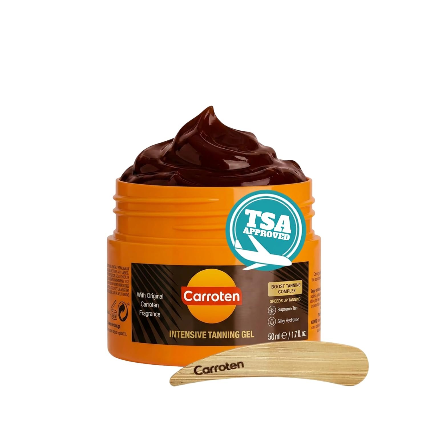 Carroten Intensive Tanning Gel | Travel Size Browning Tan Accelerator | Non-Greasy Water-Resistant with Carrot & Coconut Oil | Vitamin A&E for Moisture & Hydration | TSA Approved | 1.7oz + Spatula