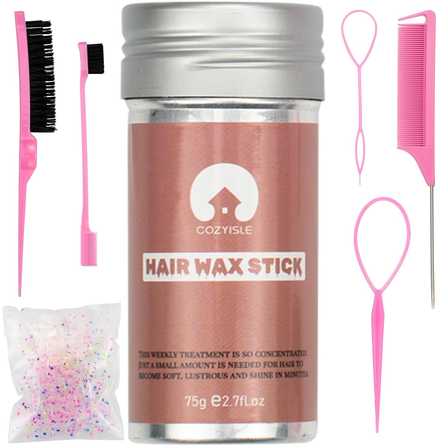 Hair Wax Stick Set & Slick Back Kit for Women, Pink | 7-in-1 Styling Tools, Hair Loop Styling Tool, Tames Flyaways, Frizz Control, Portable