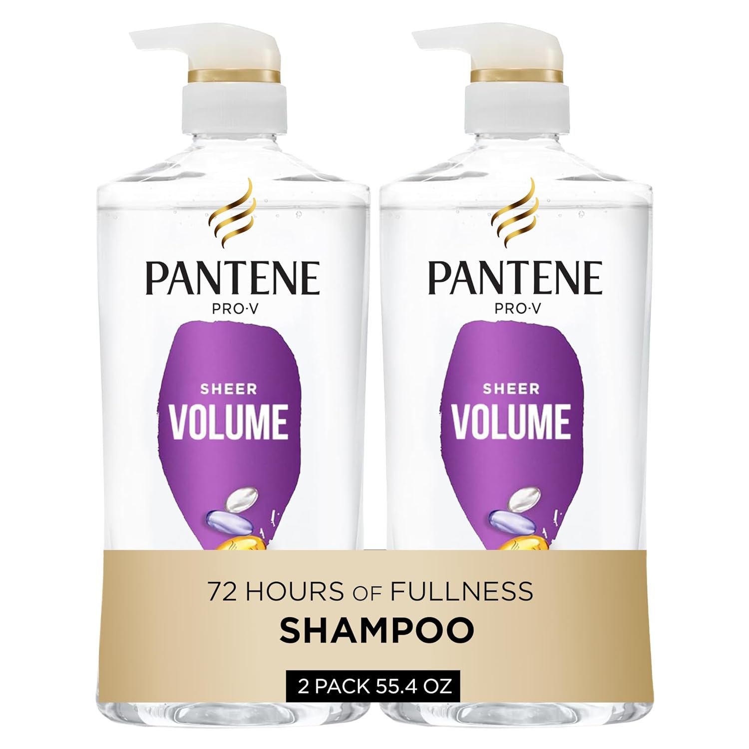 Pantene Shampoo, Sheer Volume – Lightweight Nourishment for Fine, Color-Treated Hair, 72-Hour Fullness and Body, 27.7 Oz Each, 2-Pack + Miracle Rescue Shot (0.5 Oz)