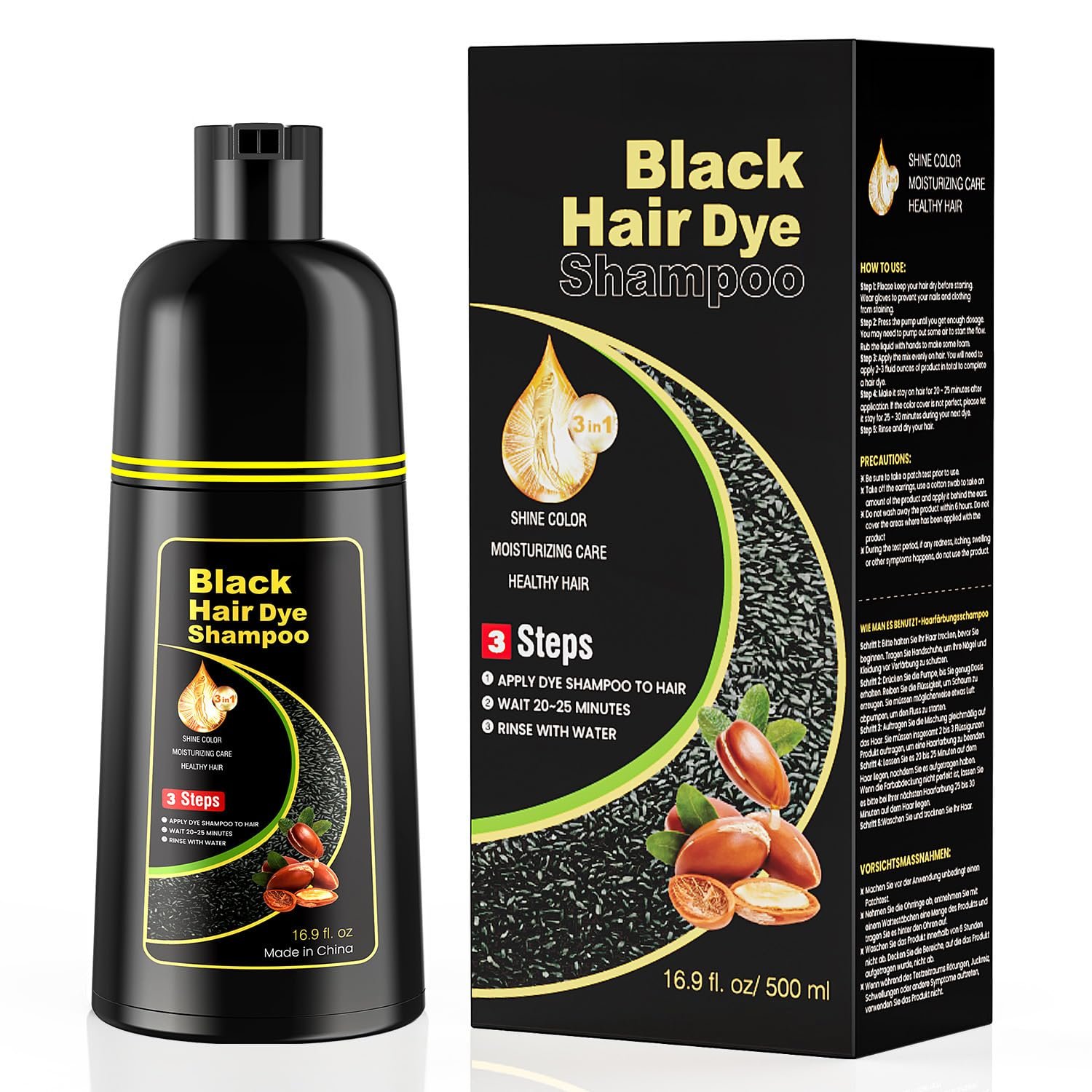 KAISASA Black Hair Dye Shampoo 3 in 1,Hair Color Shampoo Covers Gray Hair for Women and Men (16.9 fl.oz Black)