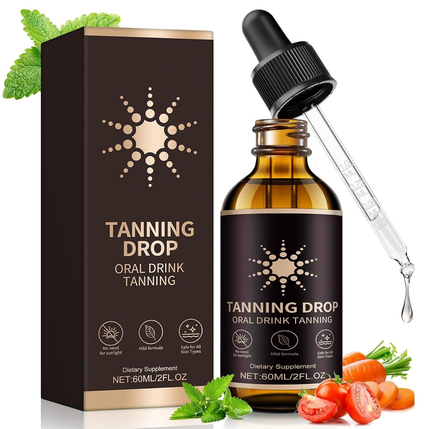 Tanning Drops, Tanning Drops To Drink, Sunless Self Tanner, Bronzing Tanner for Face and Body, Enhancing Natural Skin Tone for All Skin Types, 2Fl Oz