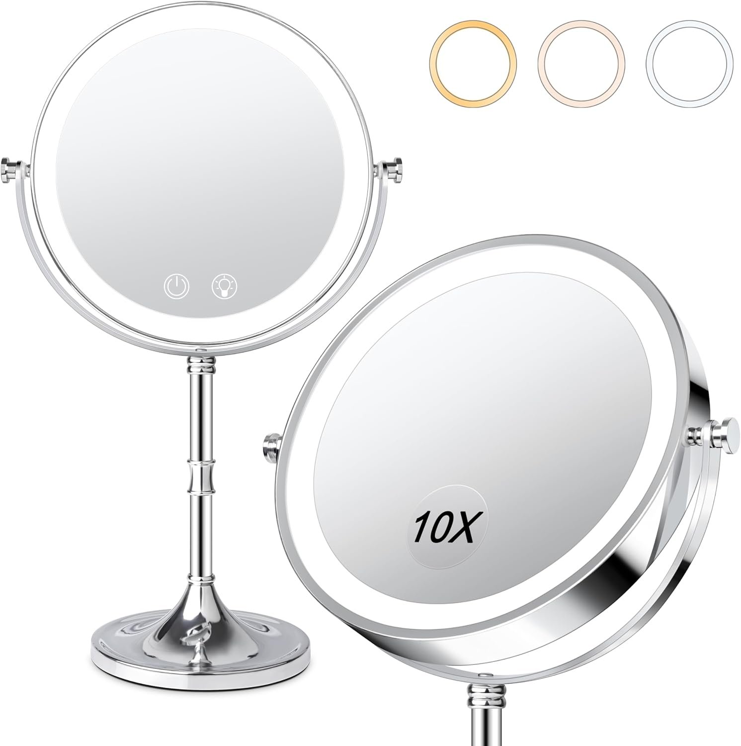 Vanity Mirror with Lights,4000mAh Rechargeable Double Sided Magnifying Mirror with 3 Colors Adjustable,1x/10x Lighted Makeup Mirror,360°Rotation Touch Screen with Memory Function,Women Gift
