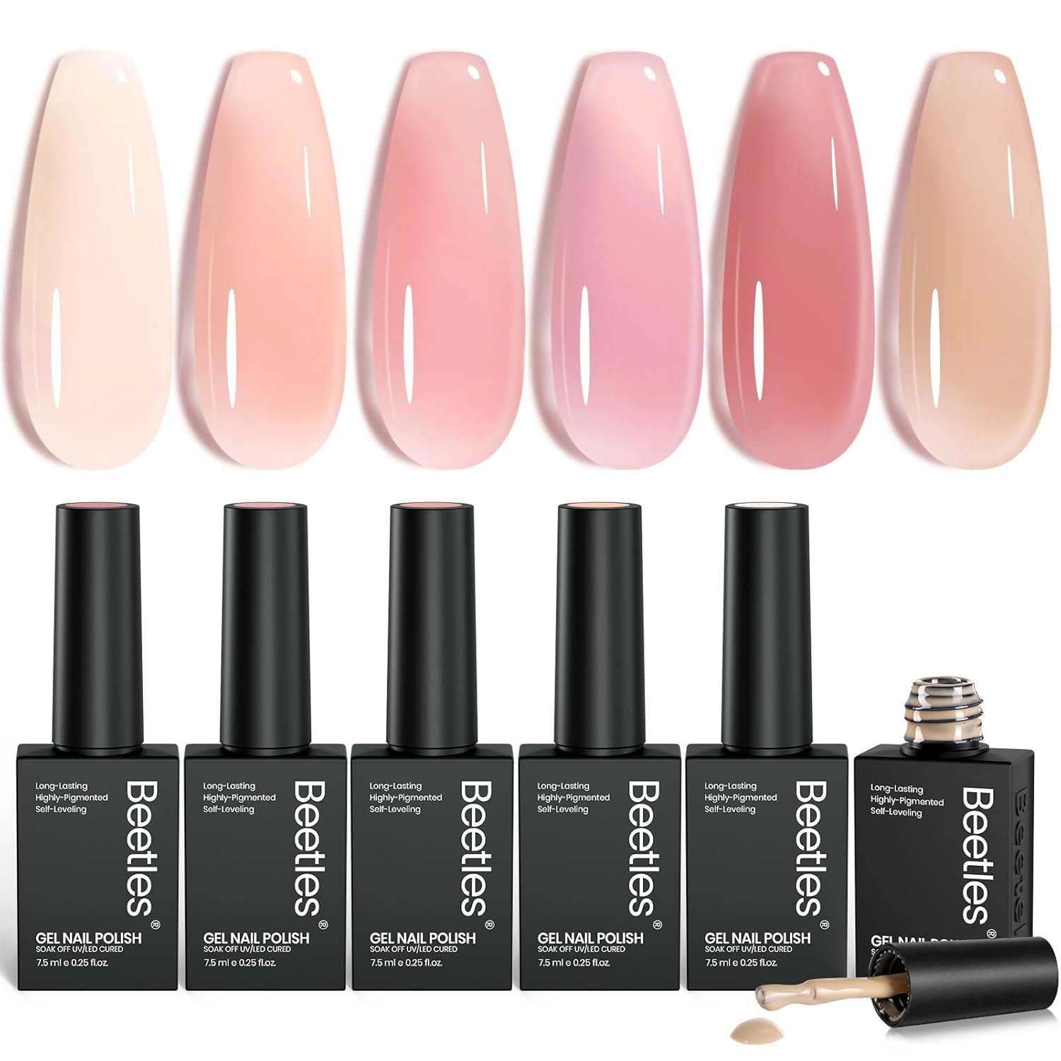 Beetles Nude Gel Nail Polish Set – 6 Colors Nude Pink Brown Neutral Jelly Gel Polish Kit Sheer Translucent Effect Soak Off UV Nail Art Design Drunken Rose Collection Manicure Gift for Women