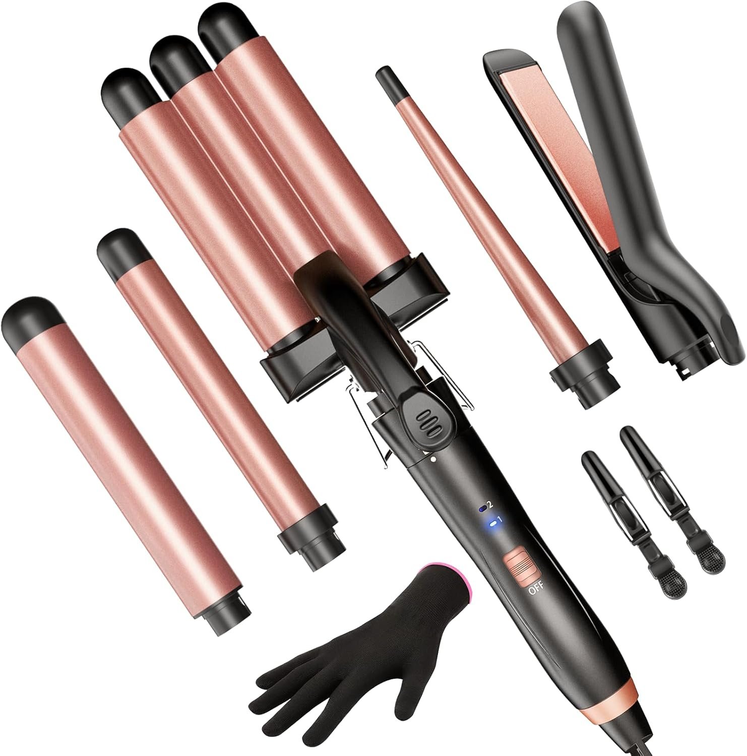5 in 1 Wand Curling Iron-Kinked Curling Wand Set with Flat Iron Hair Straightener, 3 Barrels Hair Crimper, 3 Ceramic Curling Irons (0.35″-1.25″), 2 Temps Fast Heat Hair Waver Curler, Black