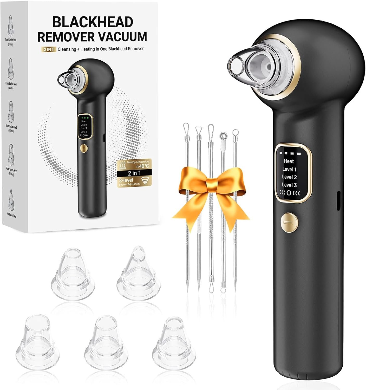 Blackhead Remover Pore Vacuum with Heating – Blackhead Extractor with 3 Adjustable Suction Levels, 5 Probes – Blackhead Remover Tools for Women & Men (Black)