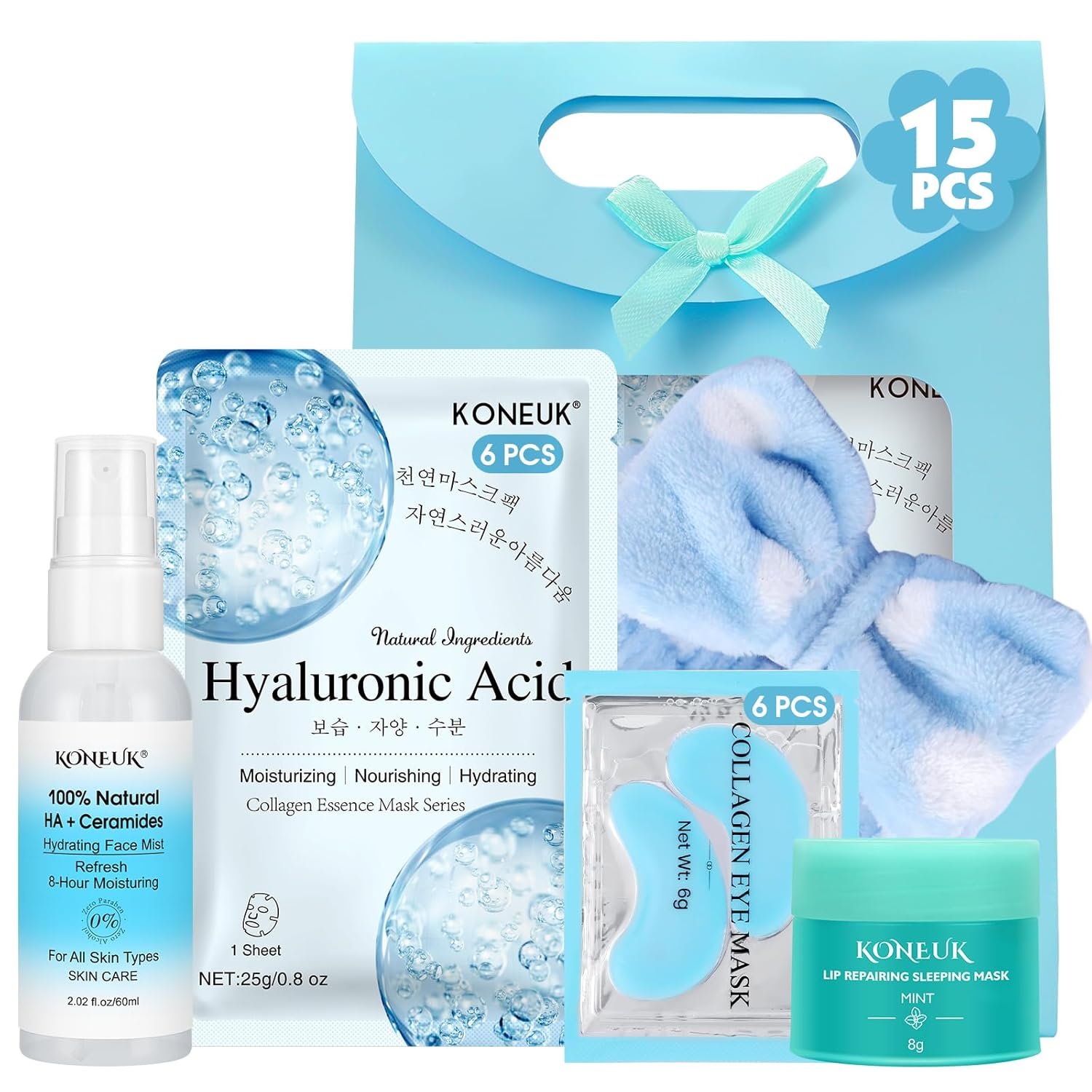 15 PACK Skincare Set with Facial Masks, Under Eye Patches, Face Mist, Lip Mask, Headband, Skin Care for Women, Travel Kit & Birtuday Gifts for Teens Girls, Thank You Gift for Her, Teacher Gifts