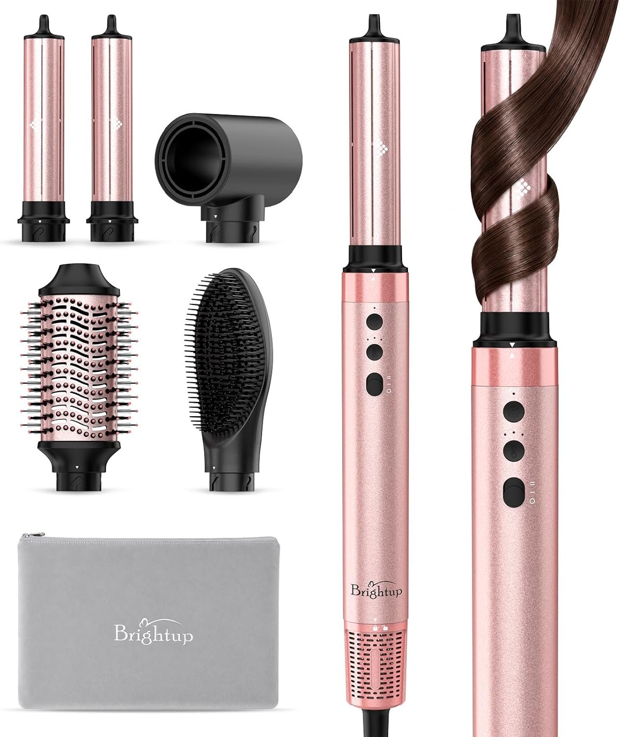 Brightup 5 in 1 Air Styler, 1400W High Speed Hair Dryer Brush, Professional Automatic Hair Curler with Cool Shot Button, 800 Million Ionic, No Heat Damage, with Travel Bag