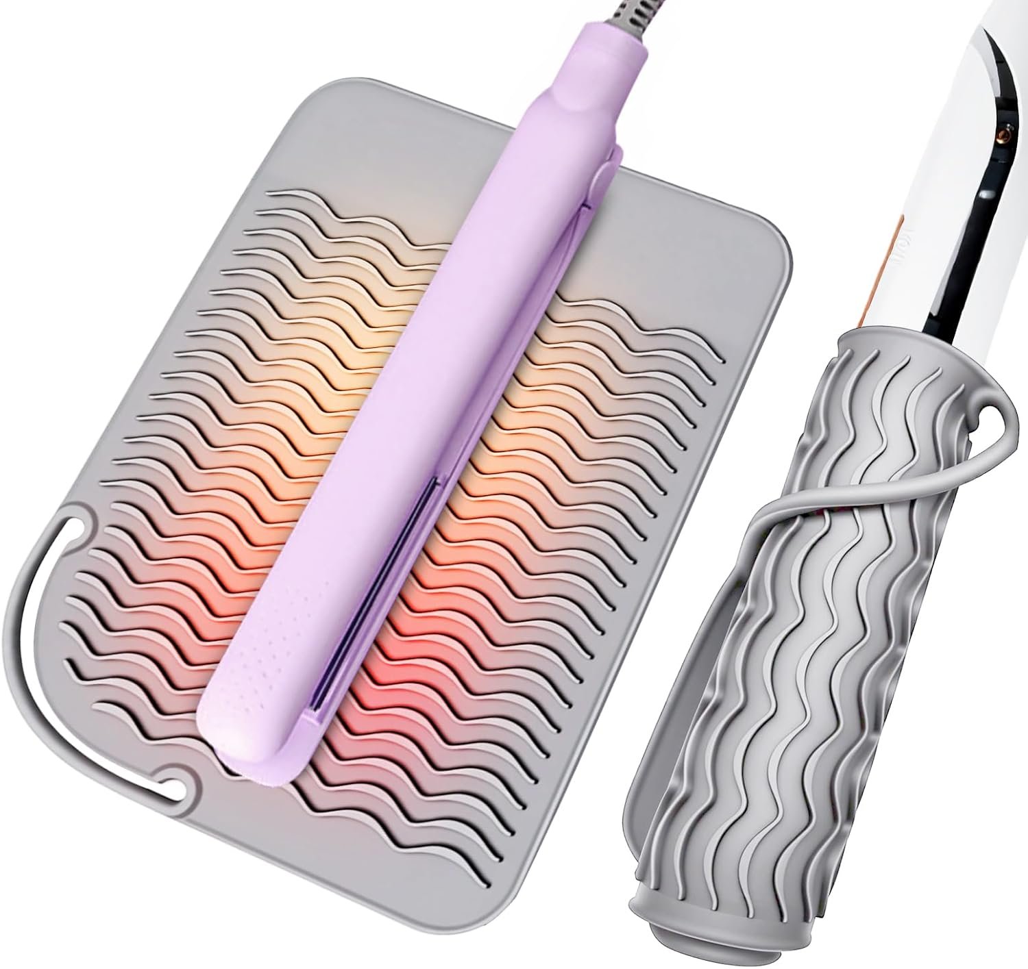 TENOC Heat Resistant Mat for Curling Iron & Flat Irons, Extra Large Silicone Pouch with Anti-Slip Strip for Travel & Counter Protection (Gray)