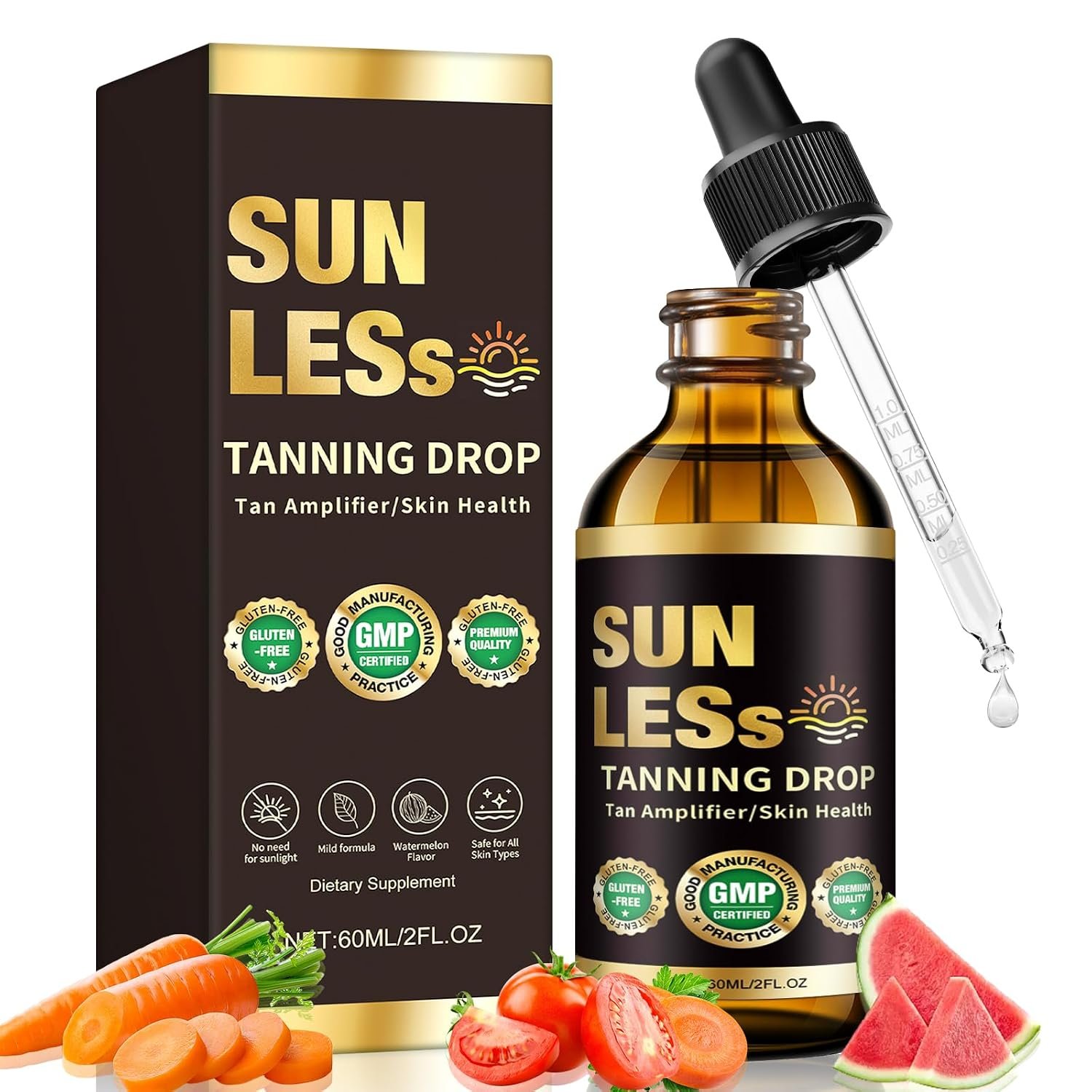 Sunless Tanning Drops to Drink 60ml Natural Oral Tanning Drops Bronzing Drops for Face & Body for Natural Glow & Long-Lasting Tans Without Sun Enhancing Natural Skin Tone (2 Fl Oz)