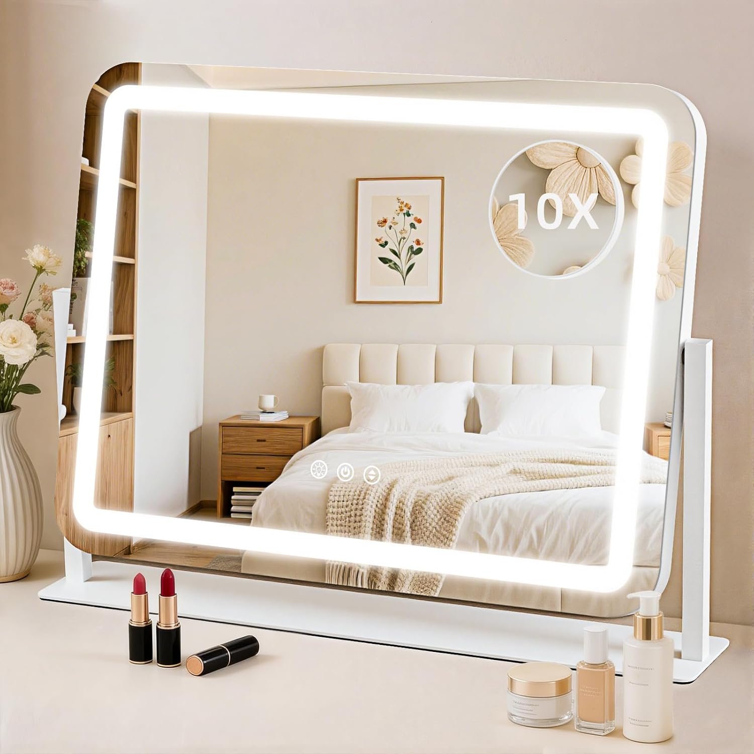 Vanity Mirror with Lights, Lighted Makeup Mirror with 10X Magnification, 3 Color Dimmble Lights, Touch Control, 360° Rotation, Metal Frame, Women’s Gift, for Bedroom/Dressing Room, White