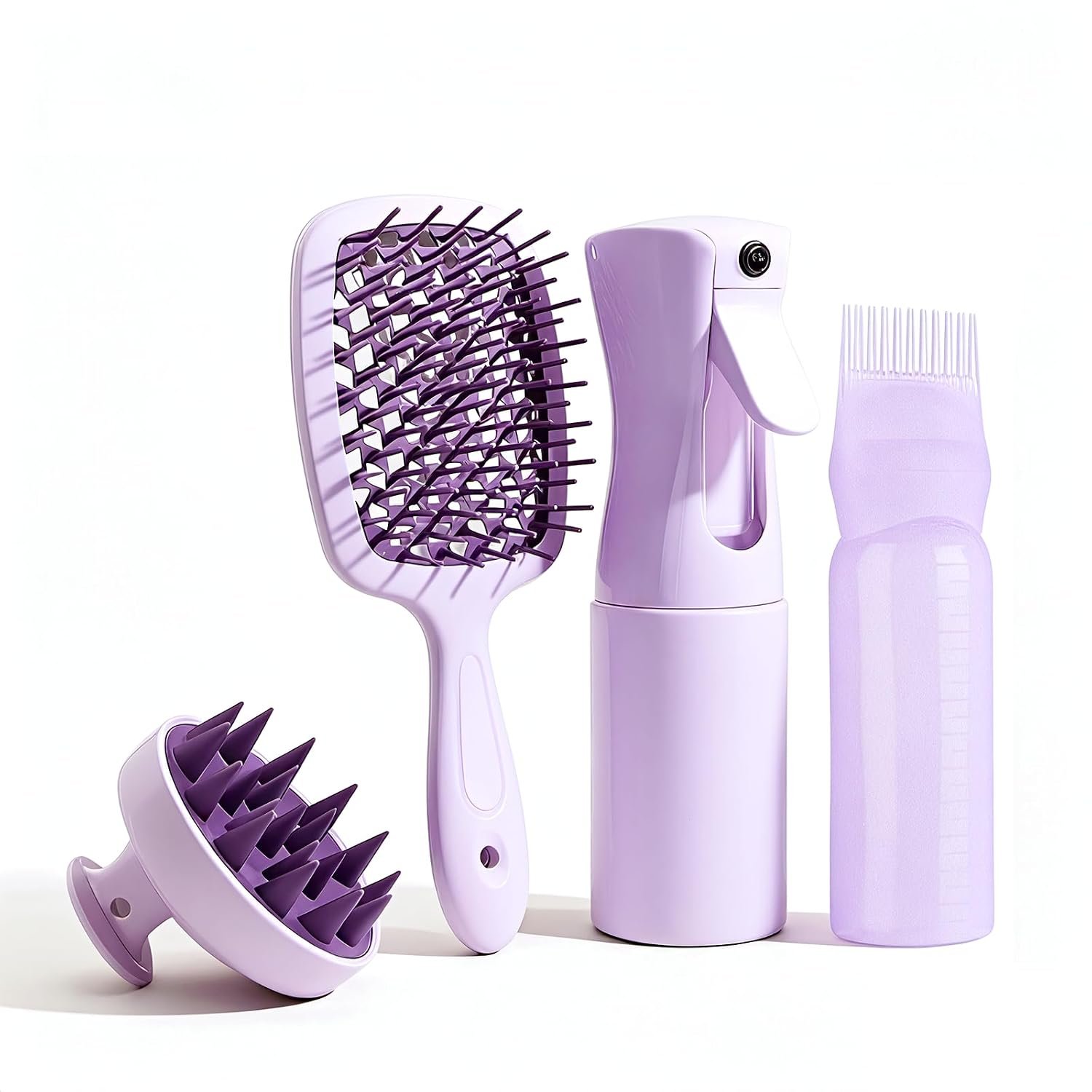 Hair Care Set with Detangler Brush, Scalp Massager, Spray Bottle, Oil Applicator Bottle, Hair Dye Tools, Purple