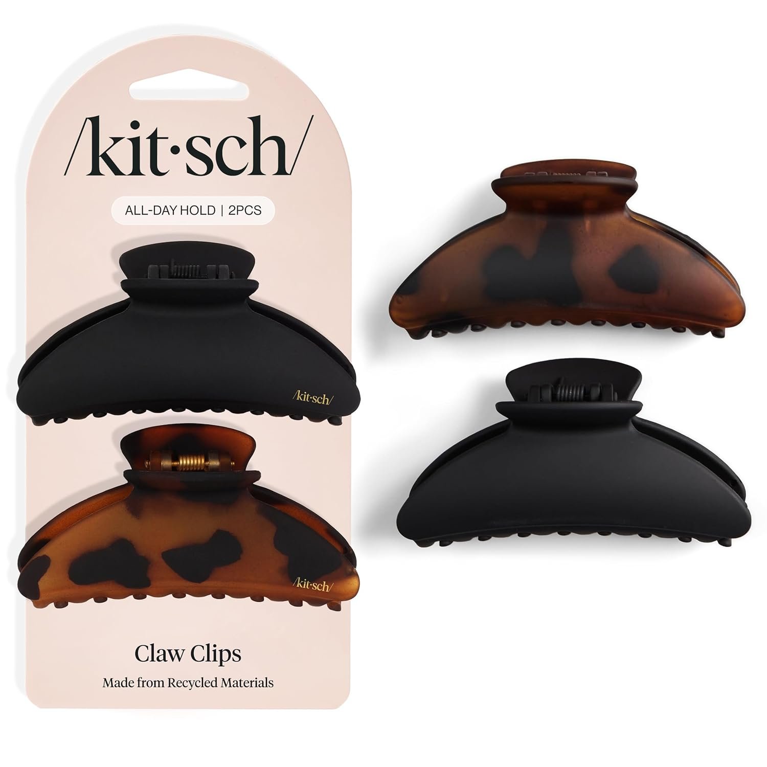 Kitsch Medium Hair Clips for Women, Strong Hold, Recycled Plastic Claw Clips for Thick Hair | Great for Updo, Half Up Hairstyle | Ideal Gifts for Women – 2pcs, Black and Tort