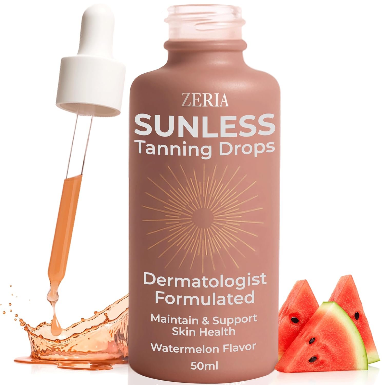 Zeria Tanning Drops to Drink – Sunless Tanning Drops for Face & Body – Vegan, Edible Self Tanner with Beta-Carotene – Natural Glow & Melanin Booster – Watermelon Flavor – 50mL