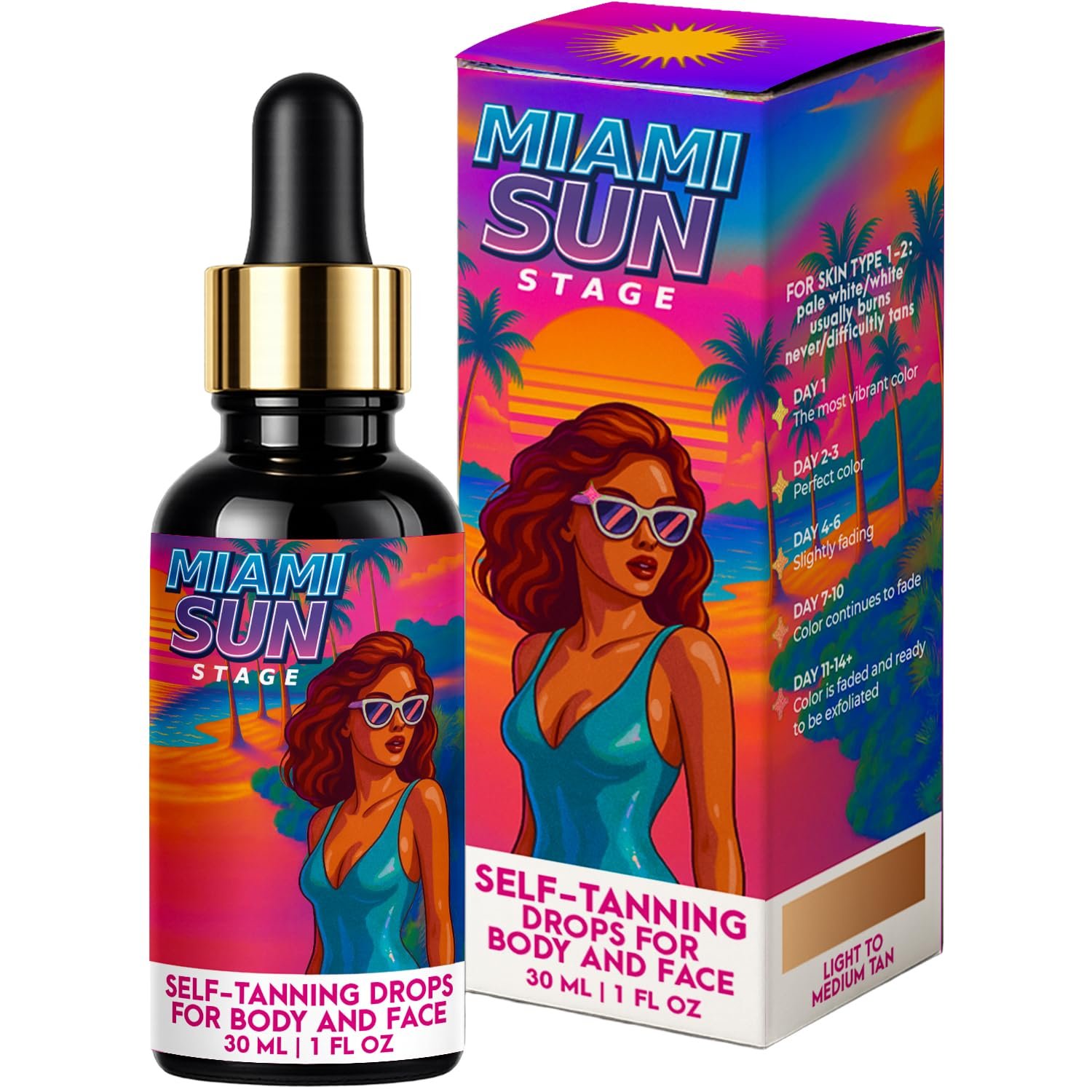 Miami Sun Stage Self Tanning Drops Face & Body – Medium to Dark Tan – For Skin Type 2-3 – Hydrating Sunless Concentrate with Aloe & Fruit Extracts – Vegan Cruelty Free Liquid Bronzer – 1 fl oz