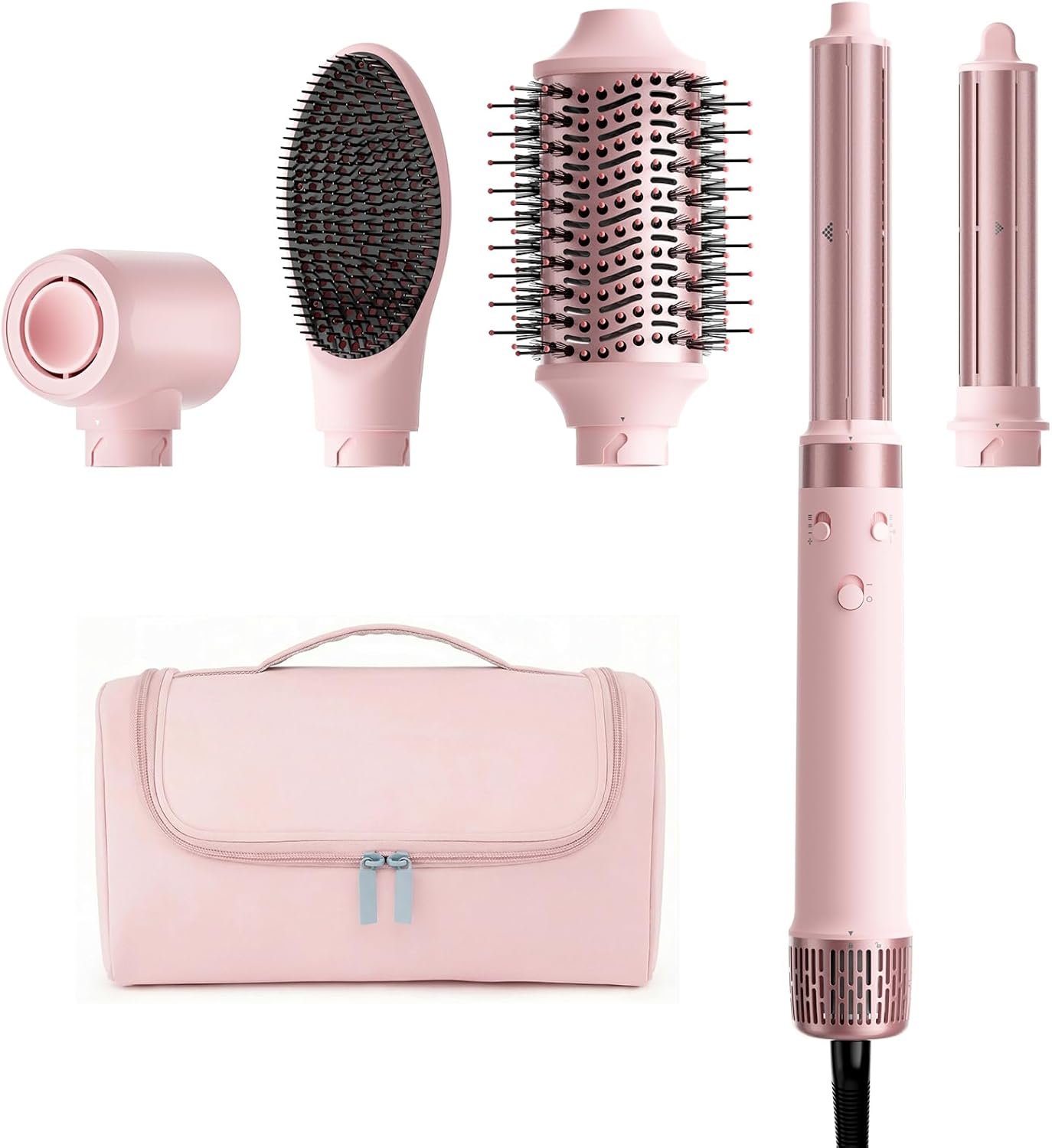 MESCOMB Dual Voltage Hair Dryer Brush – 5 in 1 Hot Air Styler Wrap with Auto Wrap Curlers, Fast Drying, Straightening & Volumizing, 100V–240V Global Travel with Storage Bag-Peach Pink