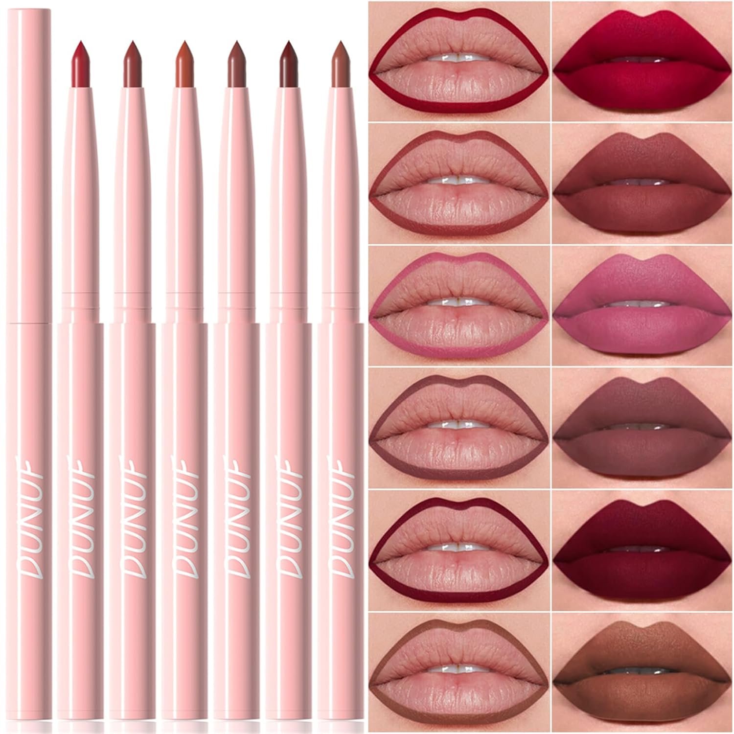 6Pcs Retractable Lip Liner Pencils Set, Ruby Mauve Red Rose Nude Pink Purple Taupe Brown 6 Rich Pigmented Shades Waterproof & Long-Lasting Creamy Matte Velvet Finish for Shaping & Sculpting Lips (#02)
