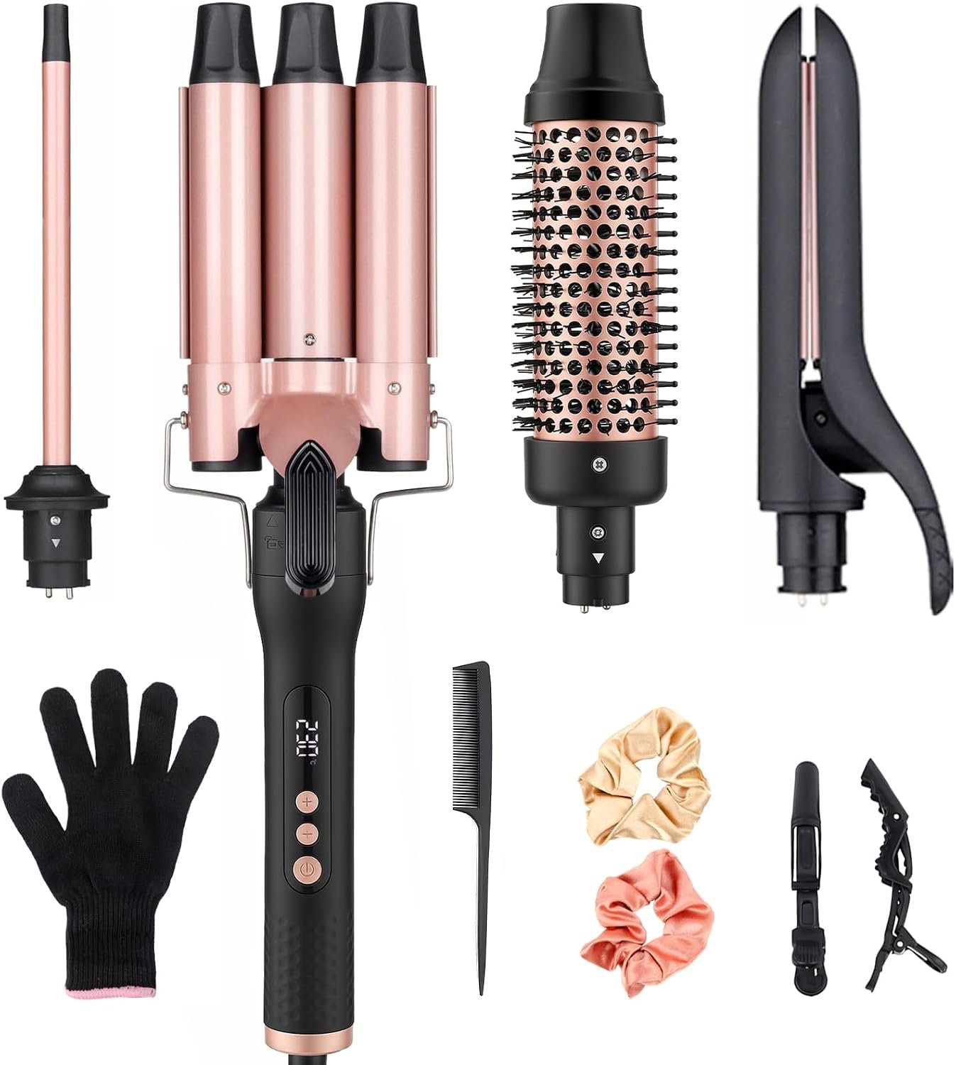 4 in 1 Curling Iron Three Barrel Curling Wand Set with Heated Round Brush Flat Iron Hair Straightener, 1/2 inch Curling Iron, Ceramic Barrels Thermal Brush Multi Curl Hair Curler Tools, Dual Voltage