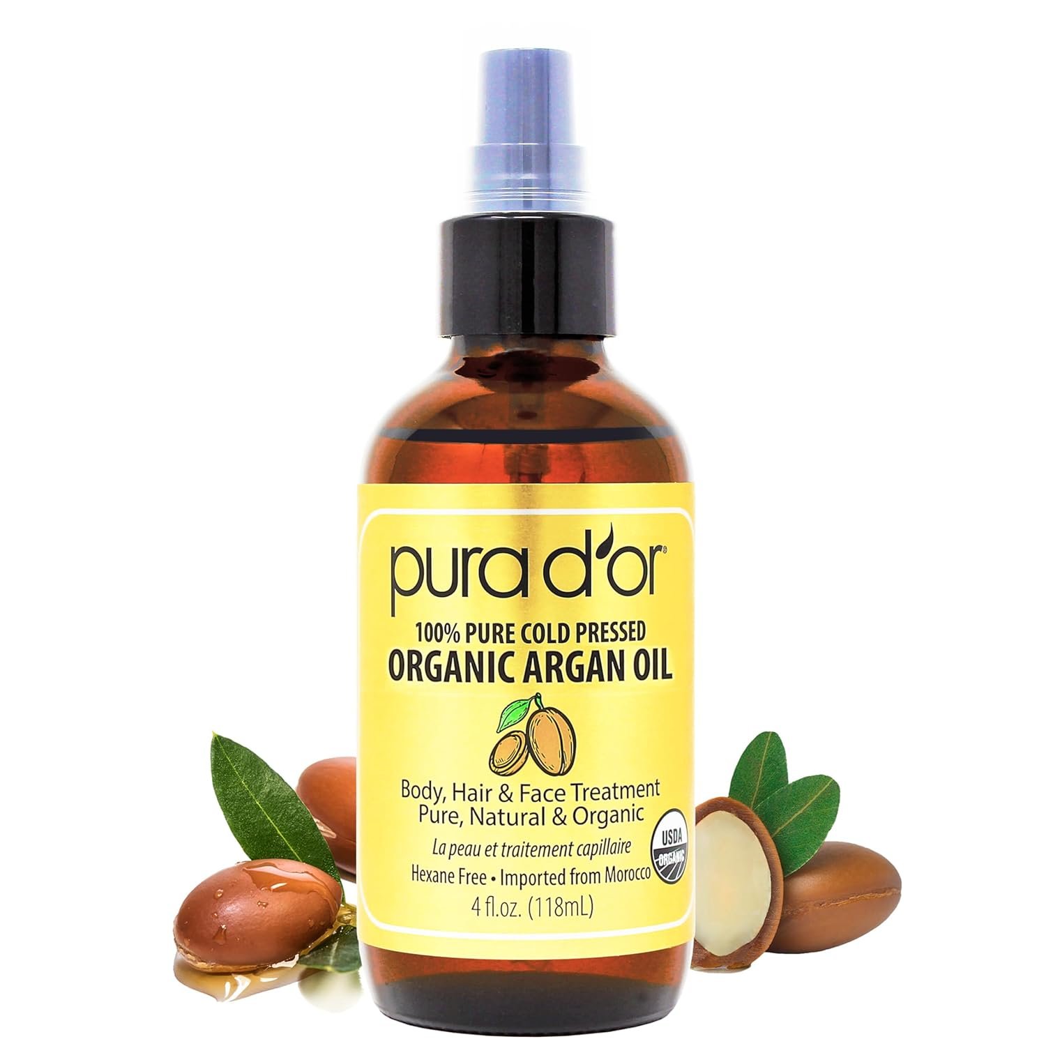 PURA D’OR 4 Oz Organic Moroccan Argan Oil–100% Pure Cold-Pressed Virgin Grade–Ayurvedic Hair Care, Moisturizer for Skin, Face, Body– Helps Dry Skin, Scalp Care, Split Ends, Nails & Cuticles