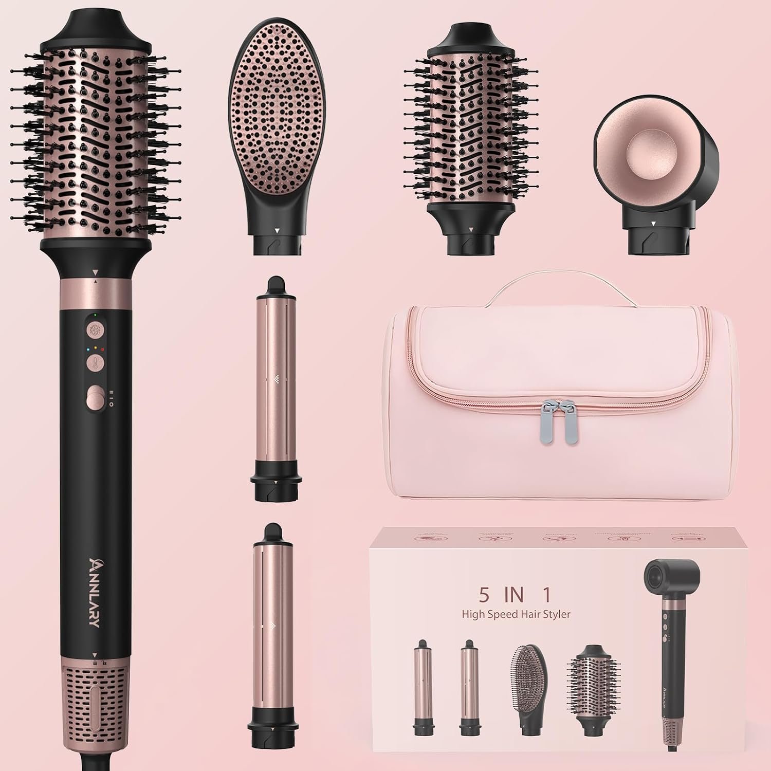 Annlary 5 in 1 Ionic Hot Air Styler, 1400W Powerful Hair Dryer Brush, Auto-Wrap Curlers, Paddle Brush for Fast Drying, Volumizing with Travel & Storage Bag