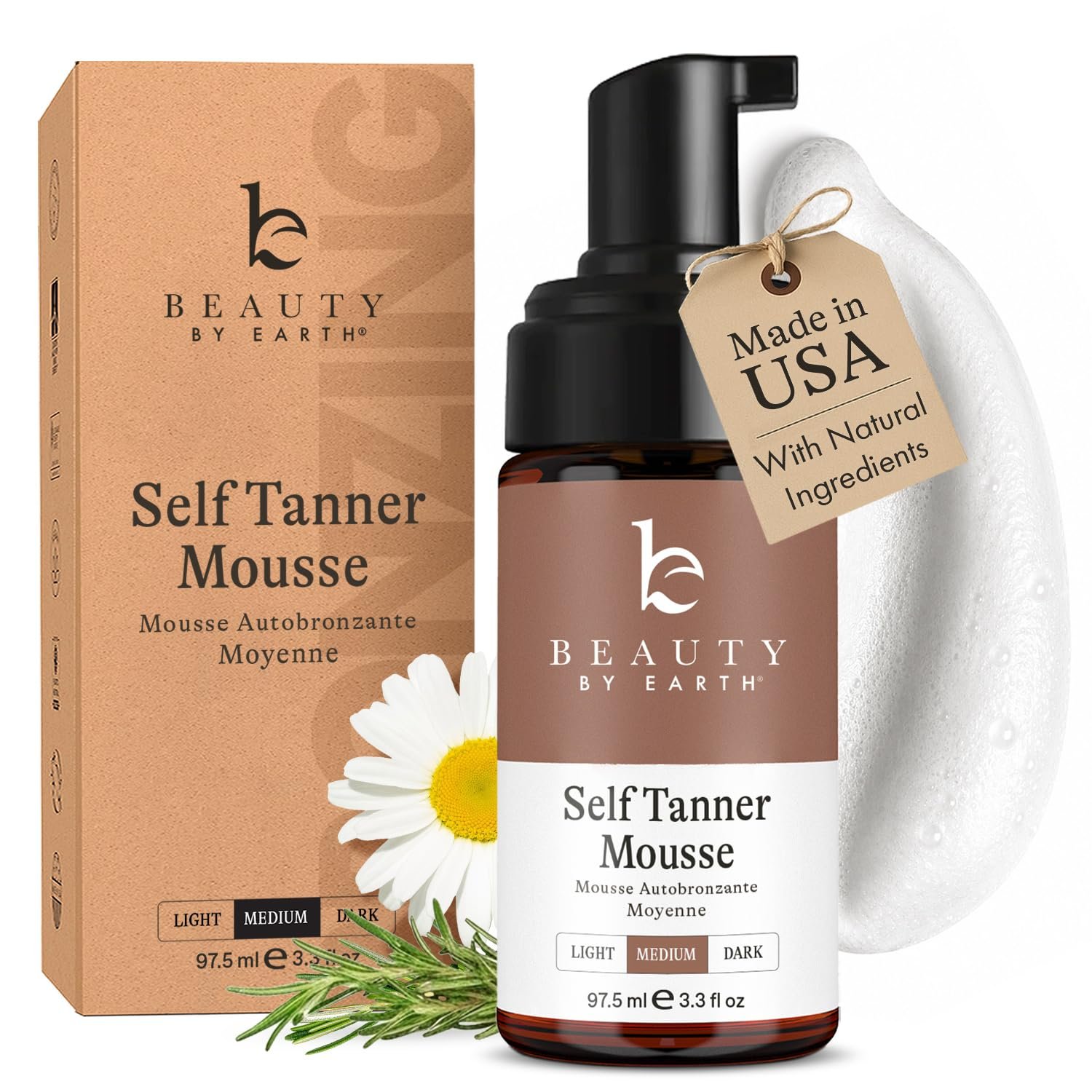 Self Tanner Mousse – USA Made with Natural & Organic Ingredients, Self Tanning Mousse for Dark Fake Tan, Sunless Tanner, Clear & Non Toxic Tanning Foam for Streak Free Finish & Natural Glow