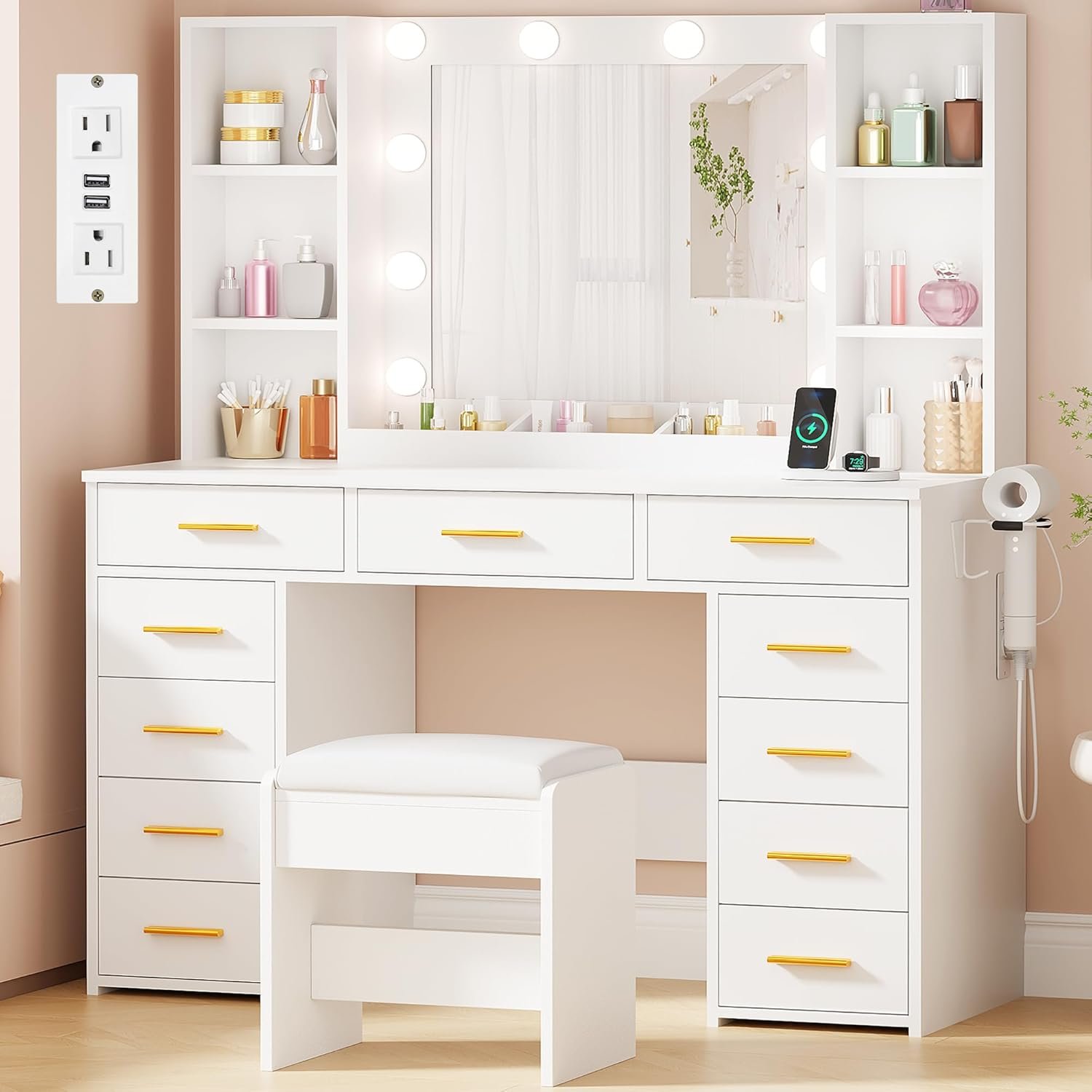 ANWBROAD Makeup Vanity Desk with Mirror and Lights White Vanity Desk with Power Outlet 11 Drawers 9 Shelves 3 Color Lighting Modes Vanity for Bedroom Women UBDT86W