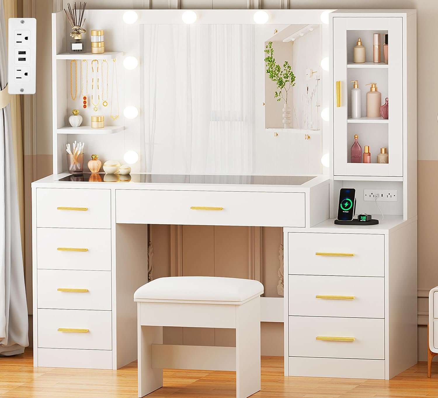 ANWBROAD 49.2″ Large Vanity Desk with Mirror and Lights White Makeup Vanity Desk with Glass Top and Power Outlet 8 Drawers Nightstand 5 Hooks Vanity Table with Stool for Bedroom Women Girls UBDT88W
