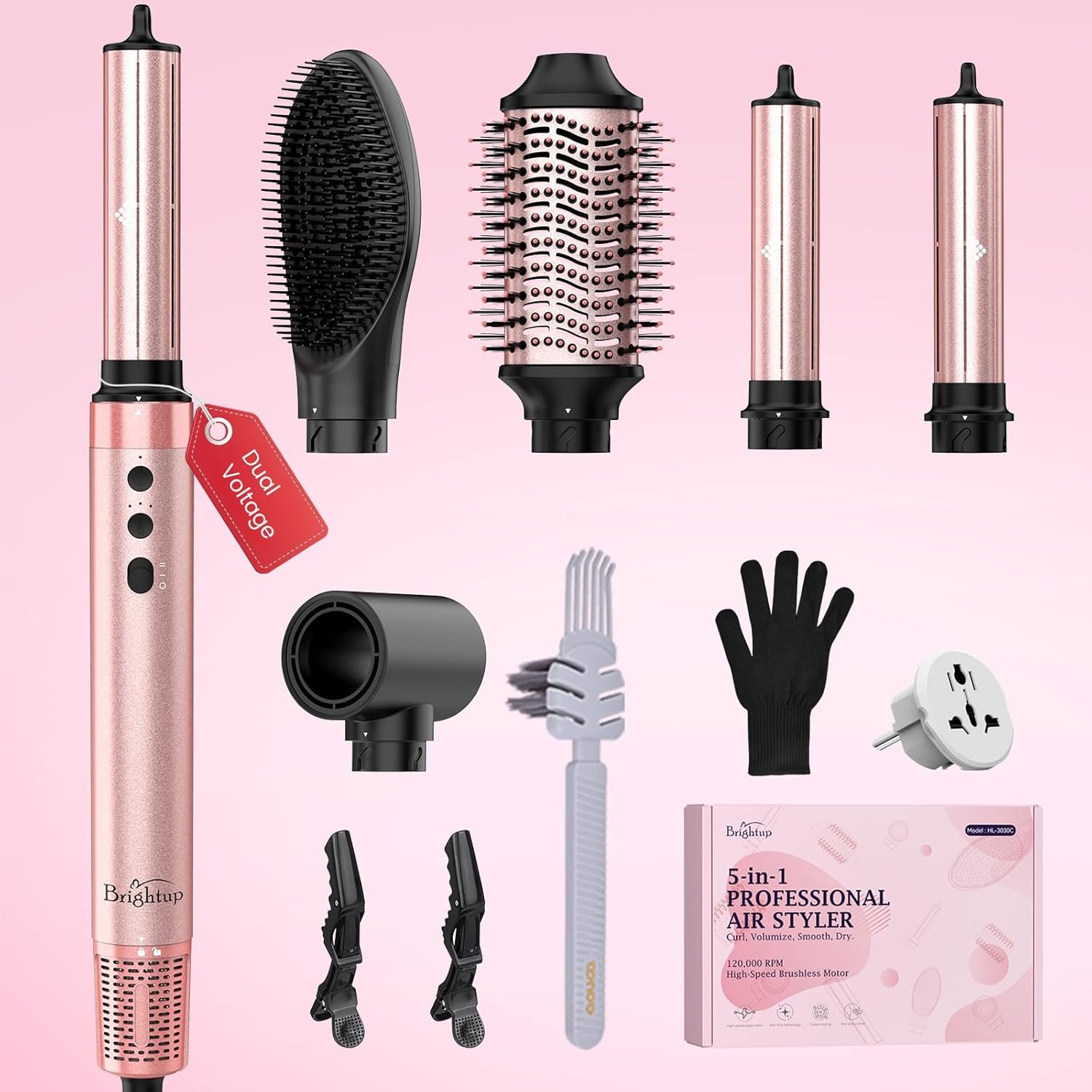 Brightup Dual Voltage Hair Styler – 5 in 1 High Speed Hot Air Styler 1400W Blow Dryer Brush, Negative Ions, Cool Shot Button, Curler, Volumizer, Straighter, No Heat Damage, with Travel Bag