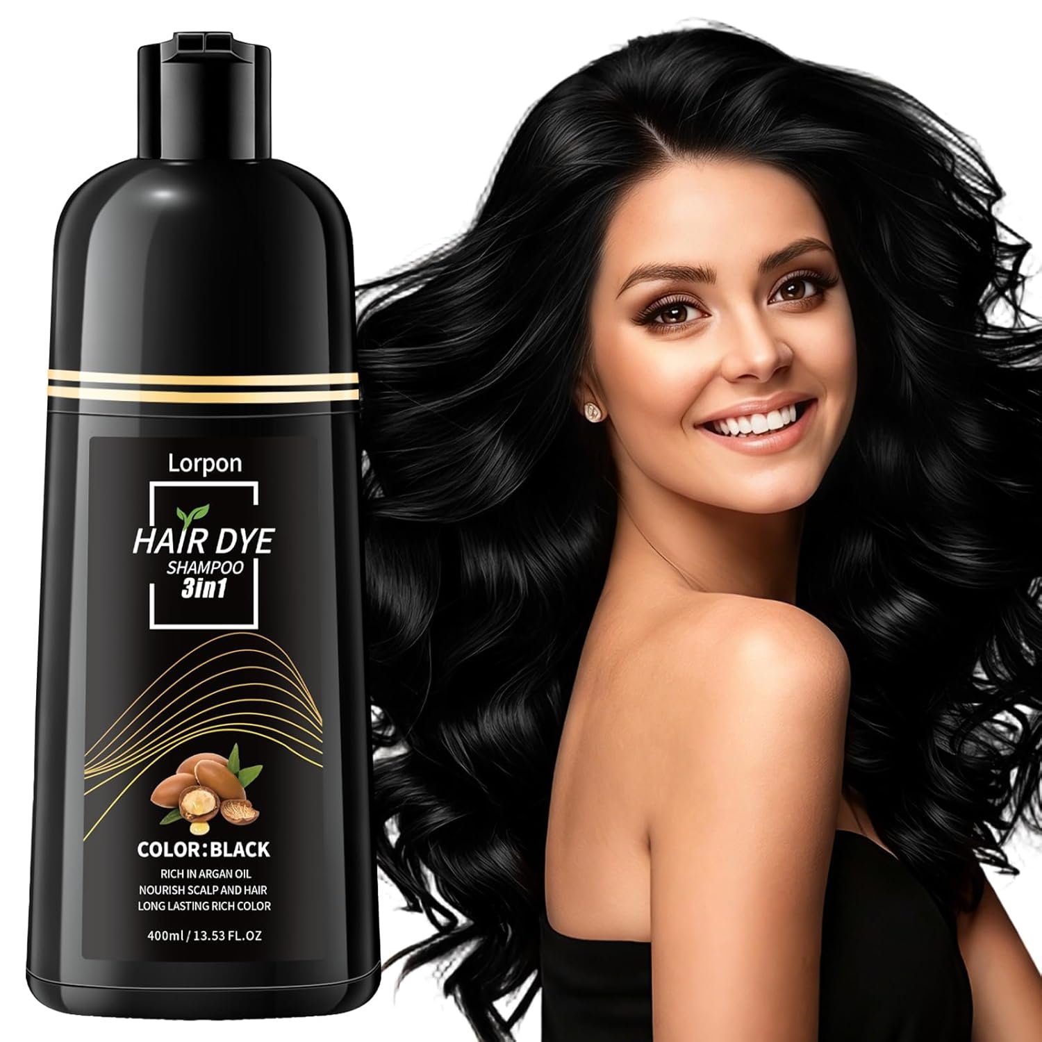 Black Hair Dye Shampoo – 3 in 1 Semi Permanent Hair Color for Gray Coverage, Natural Black Hair Dye for Women, with Argan Oil & Ginseng, Ammonia & Paraben Free,400ml