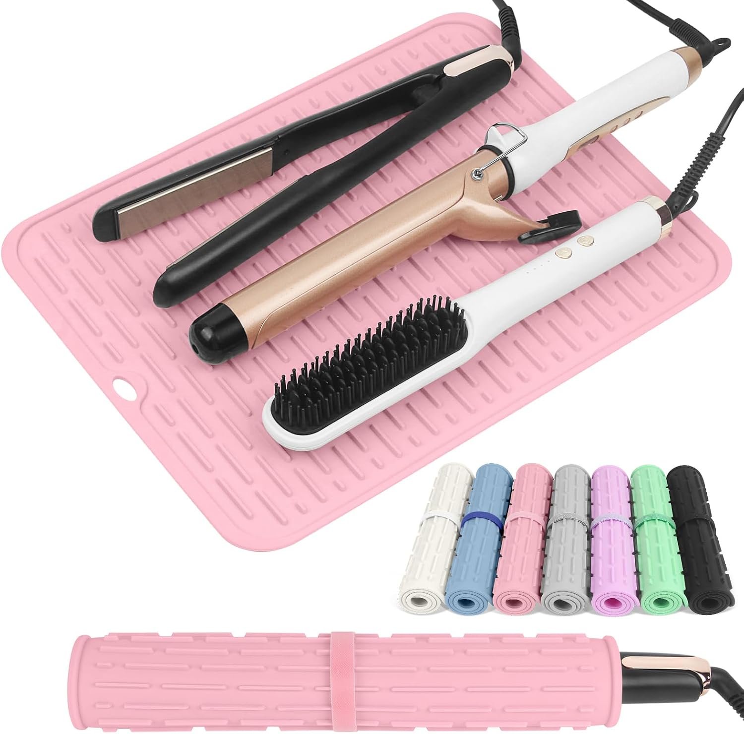 AMIJEAL Oversize Silicone Heat Resistant Mat for Hair Tools, Curling Iron Mat, Hot Tools Holder, Portable Flat Iron Hair Straightener Pad Cover for Travel Vanity Salon(14.2″ x 11.0″)