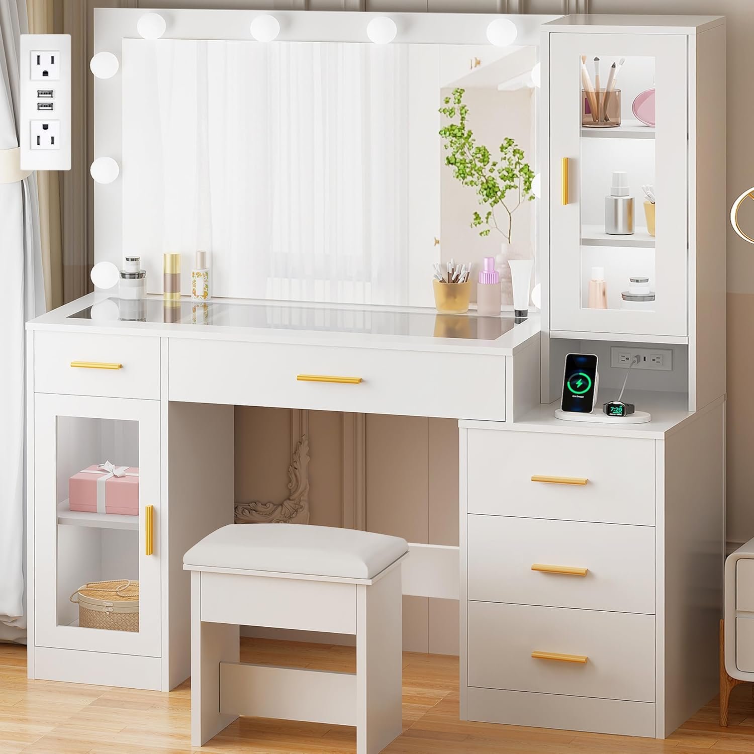 BEWISHOME 49.2″ Large Vanity Desk with Mirror and Lights,White Makeup Vanity Table with Glass Top,Stool,Makeup Desk with Power Outlet,5 Drawers,Nightstand,Dressing Table for Bedroom Women FST34W