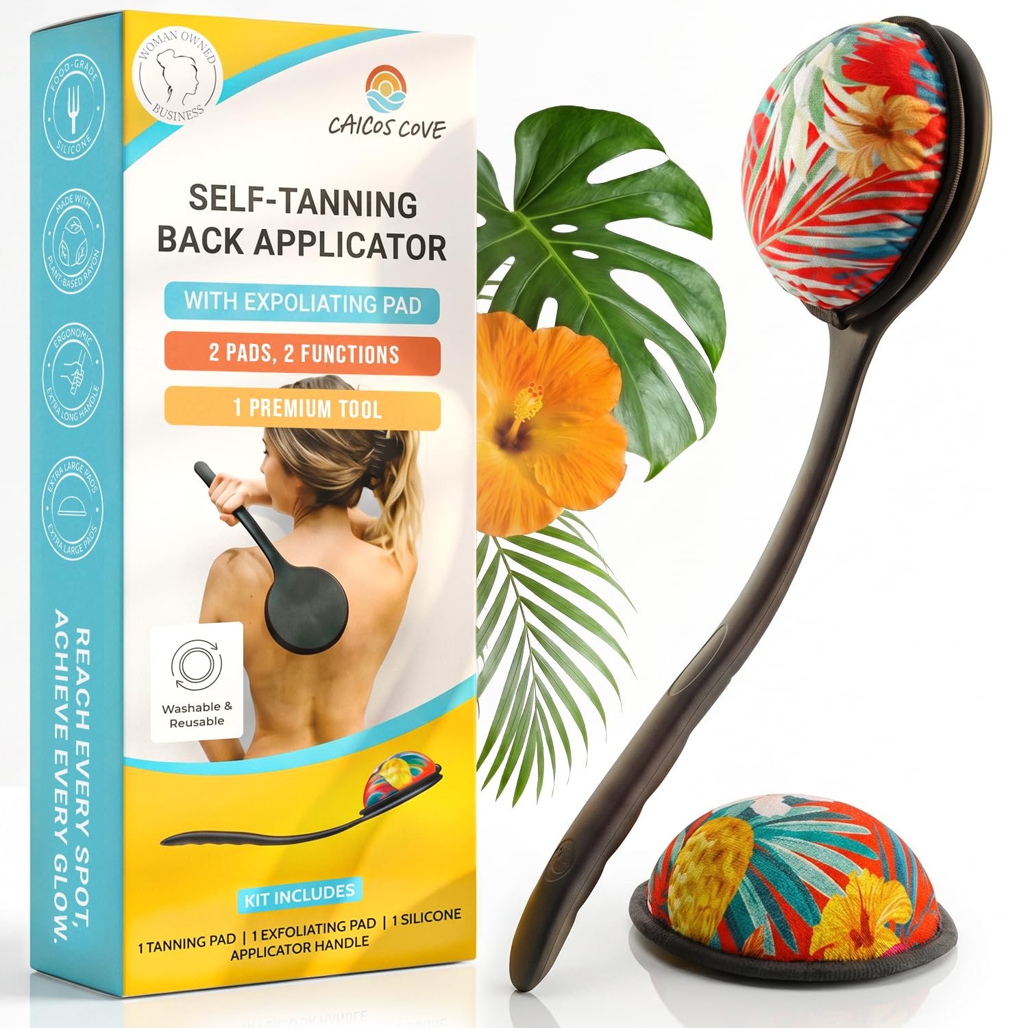 Self Tanning Lotion Applicator for Back, Self Tanner Applicator Includes Exfoliating Pad & Extra Soft Tanner Pad, Long Handle for Hard-to-Reach Areas, Premium build for lotion, cream, sunscreen